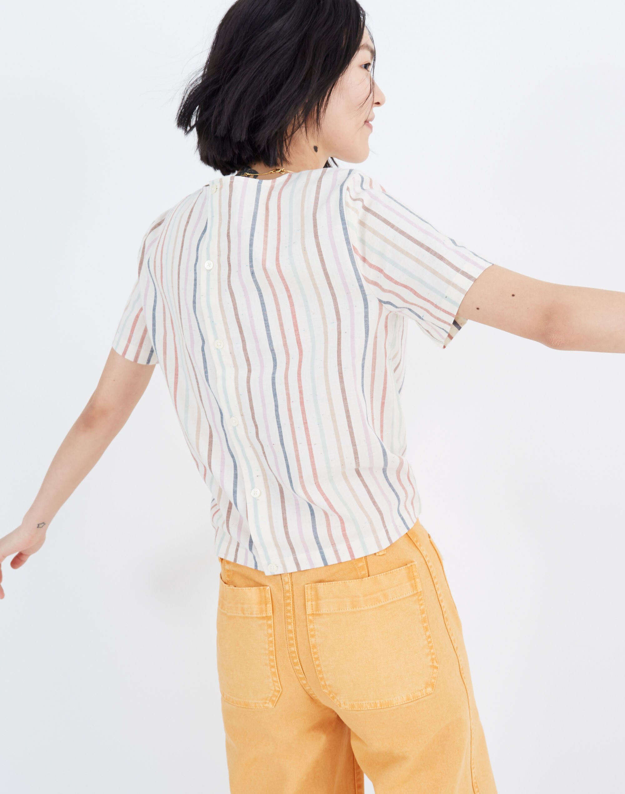 Button-Back Tie Tee in Rainbow Stripe
