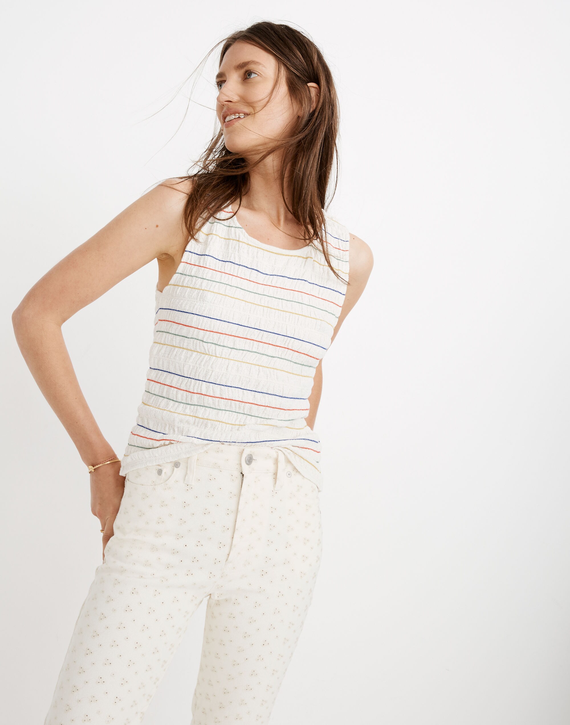 Texture &amp; Thread Rainbow-Stitch Smocked Tank Top