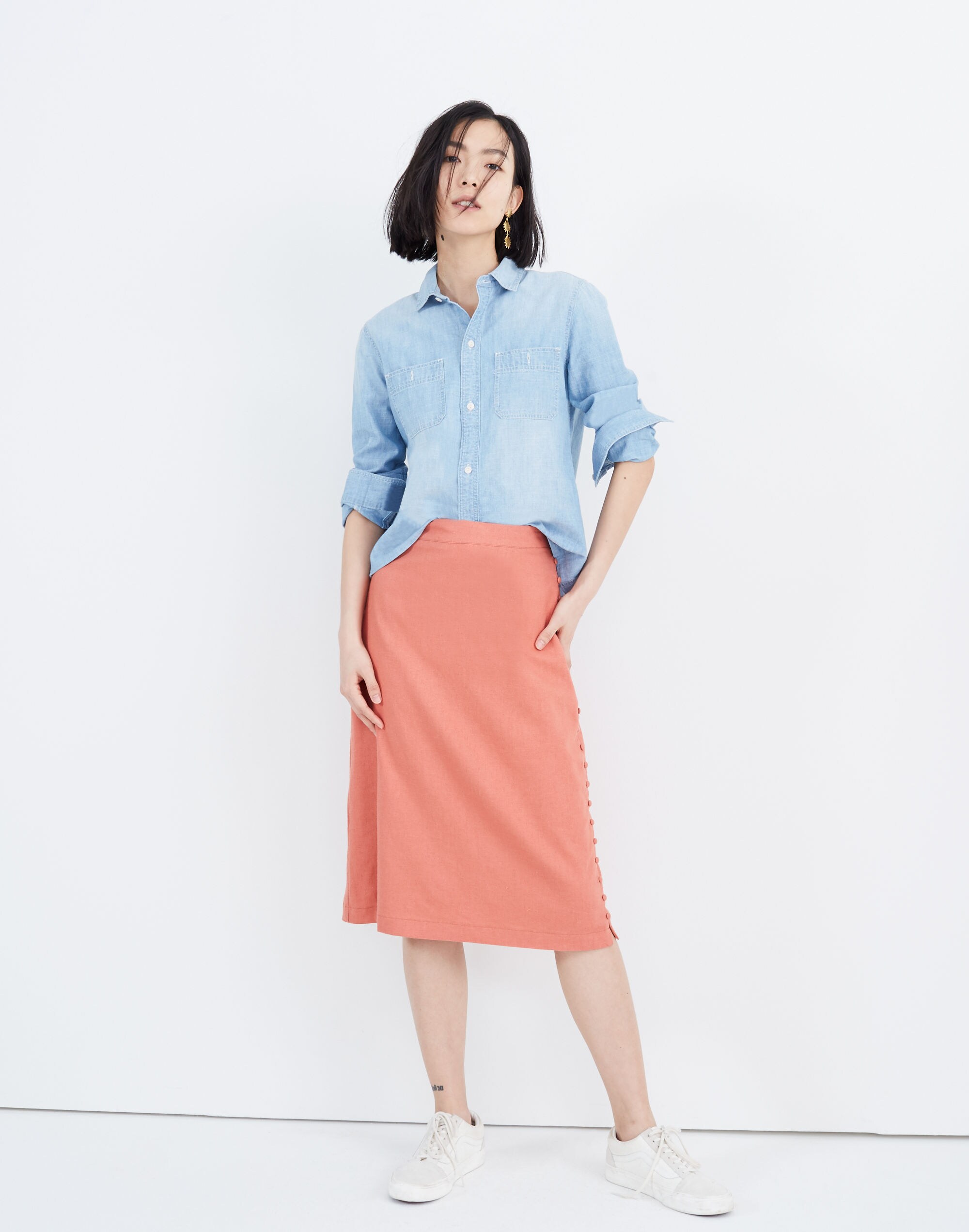 Button Slit Midi Skirt