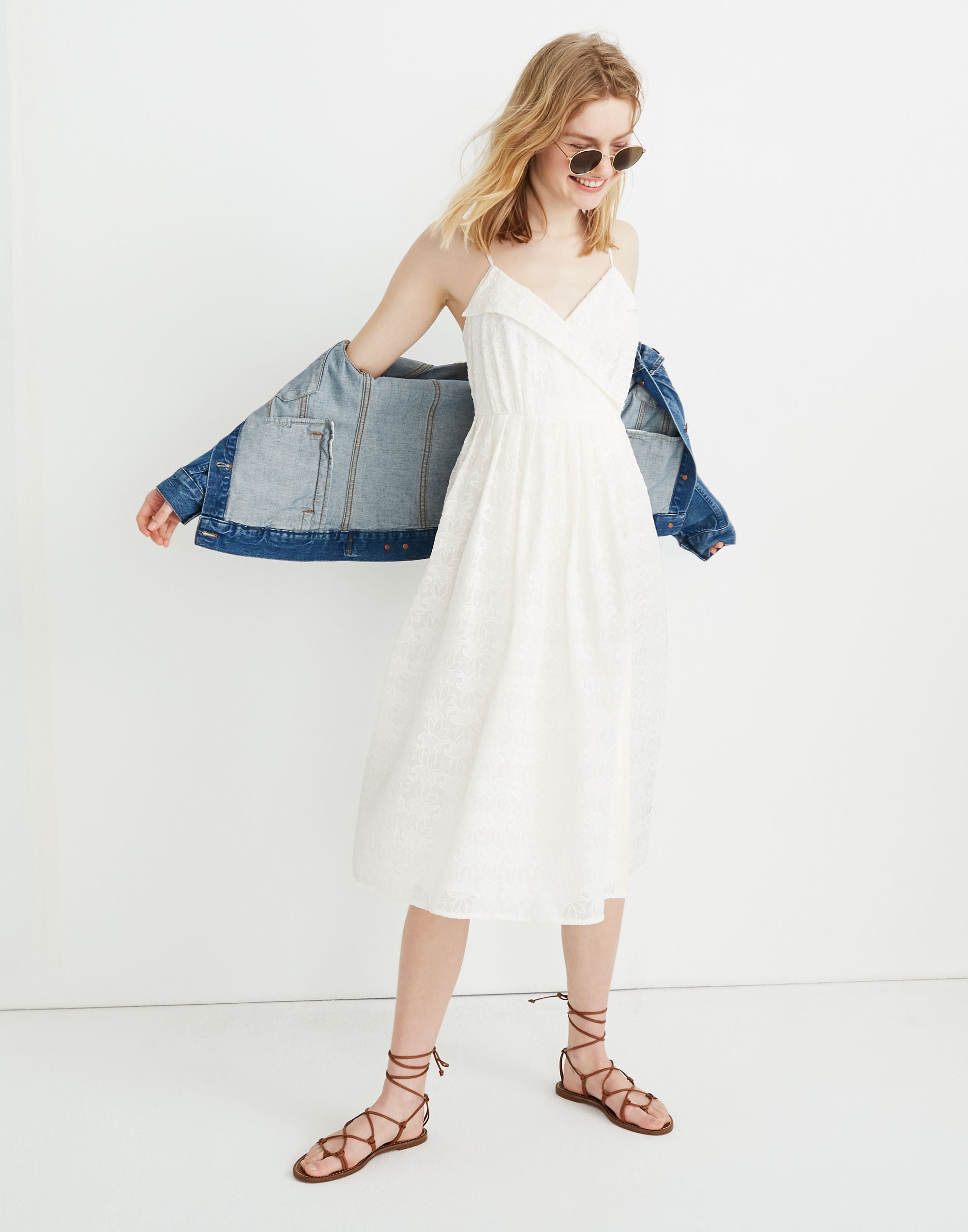 embroidered pleated wrap dress