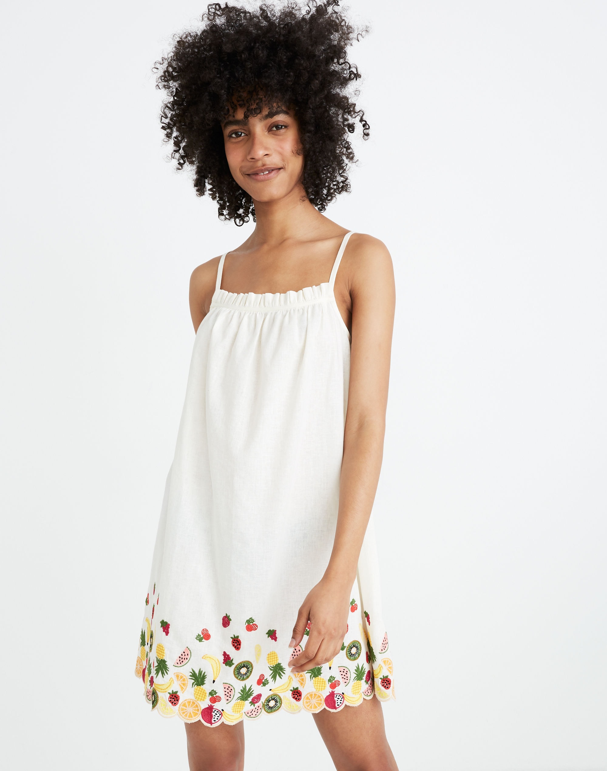 embroidered ruffle-neck cover-up mini dress in fruit salad