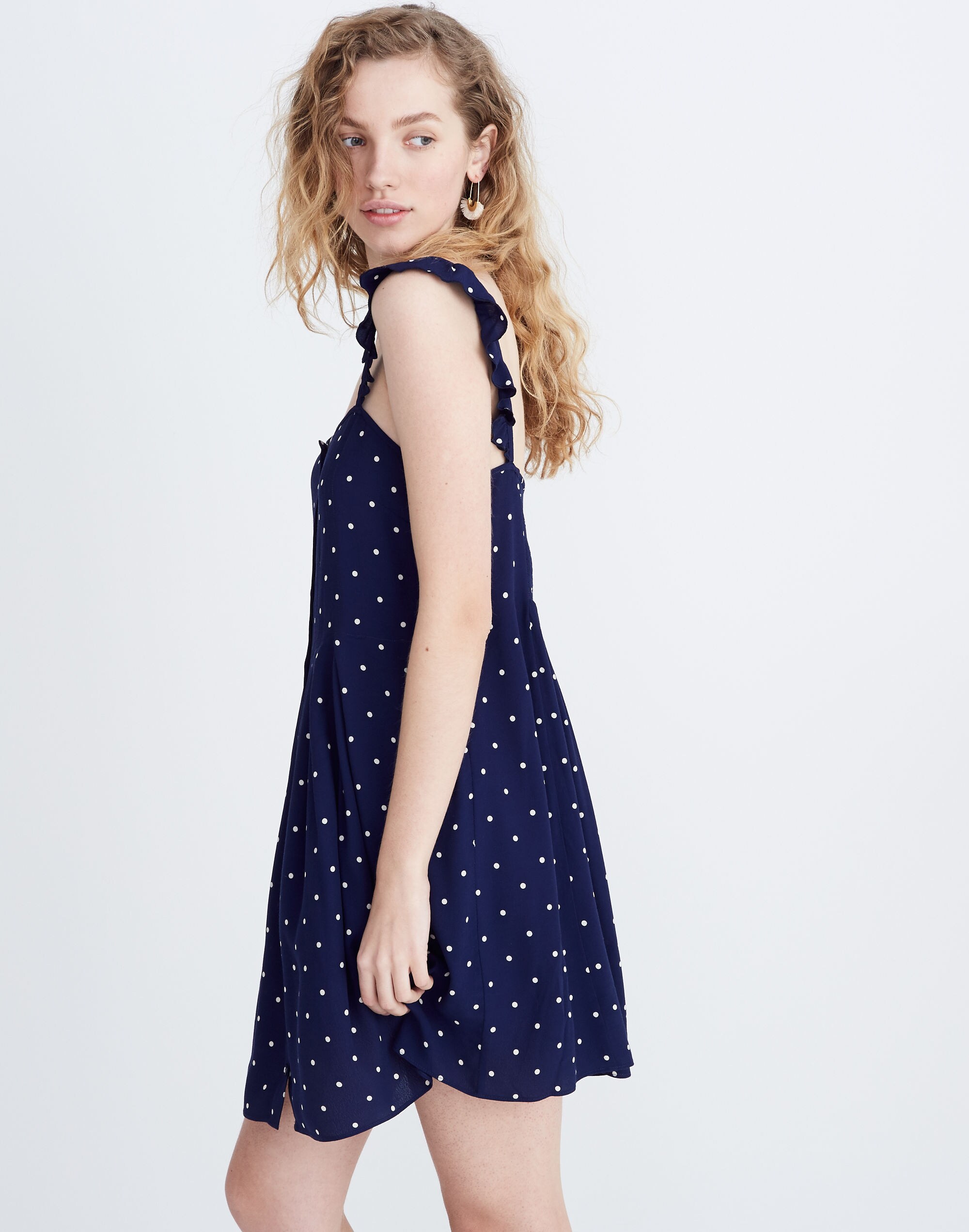 Ruffle-Strap Button-Front Dress in Polka Dot