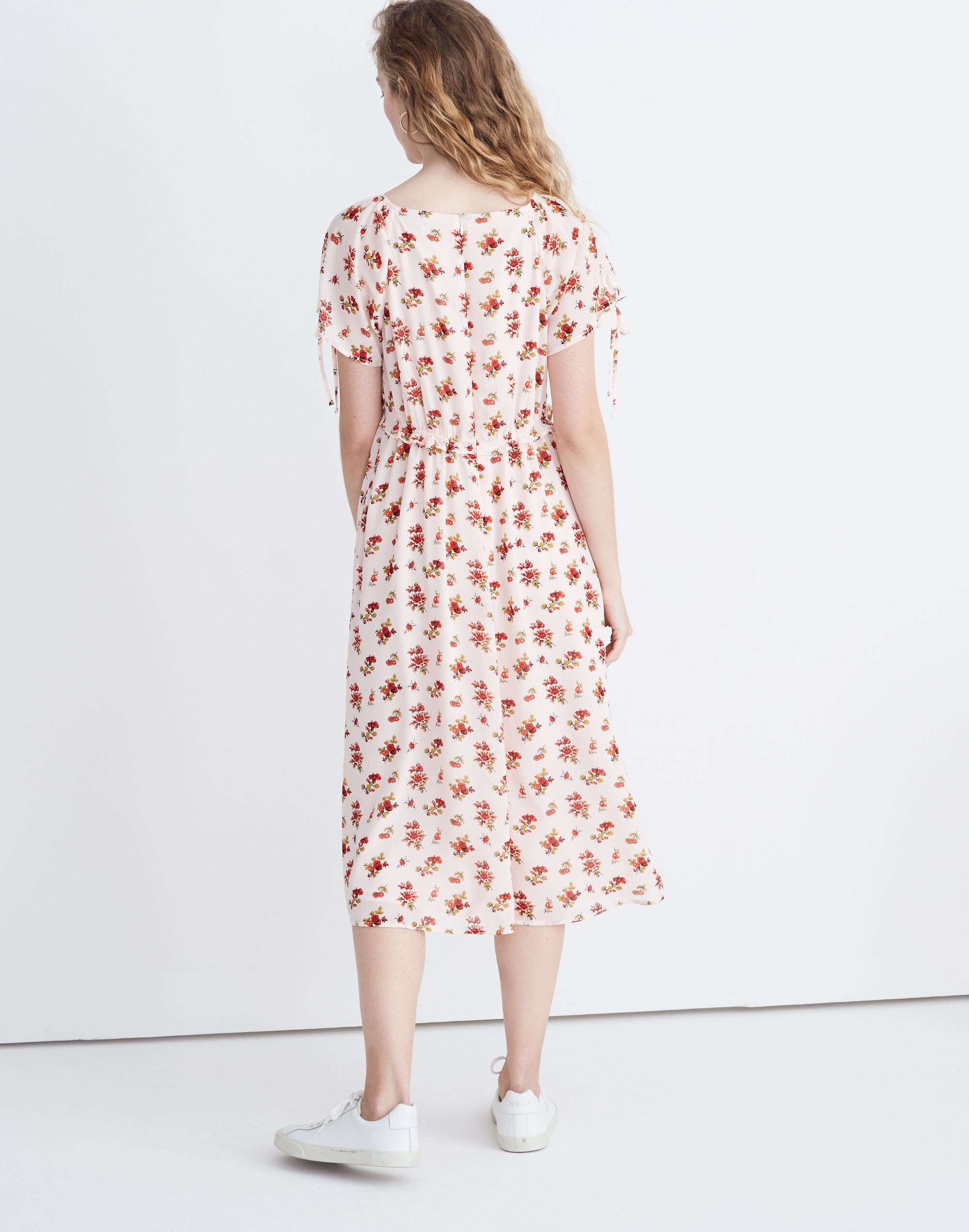 Tie-Sleeve Ruffle-Waist Midi Dress in Countryside Blooms