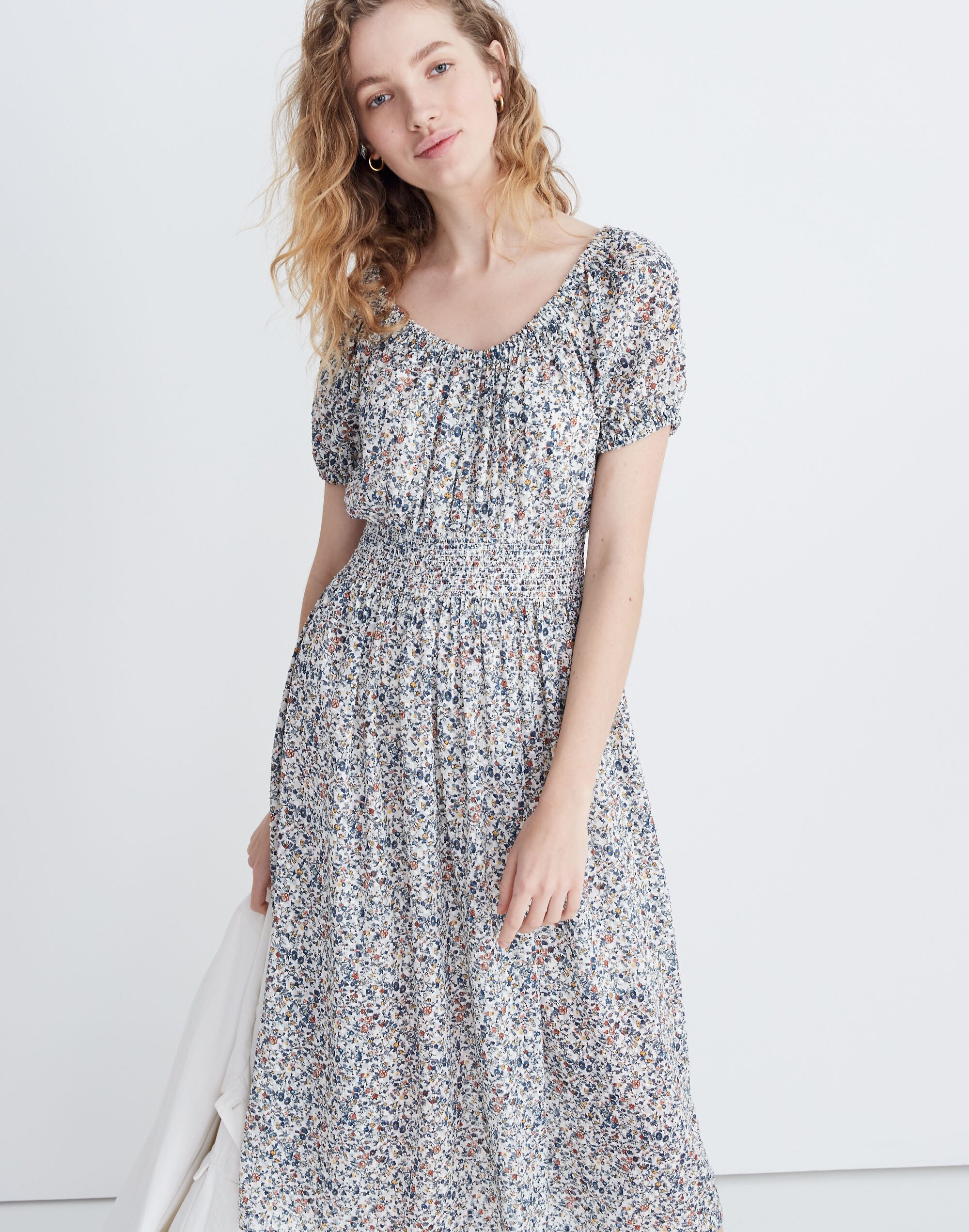 Smock-Waist Peasant Midi Dress in Blossoming Vines