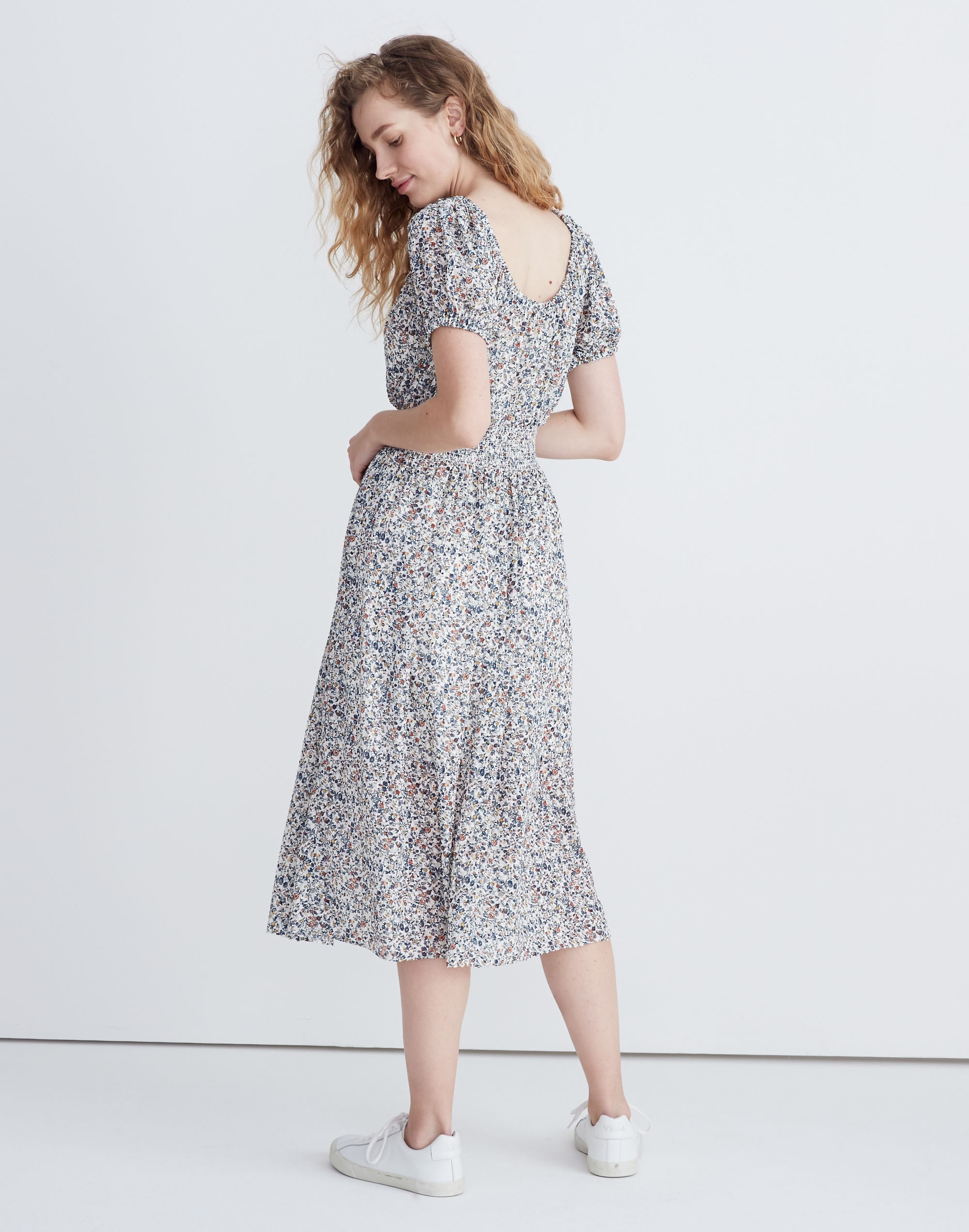 Smock-Waist Peasant Midi Dress in Blossoming Vines