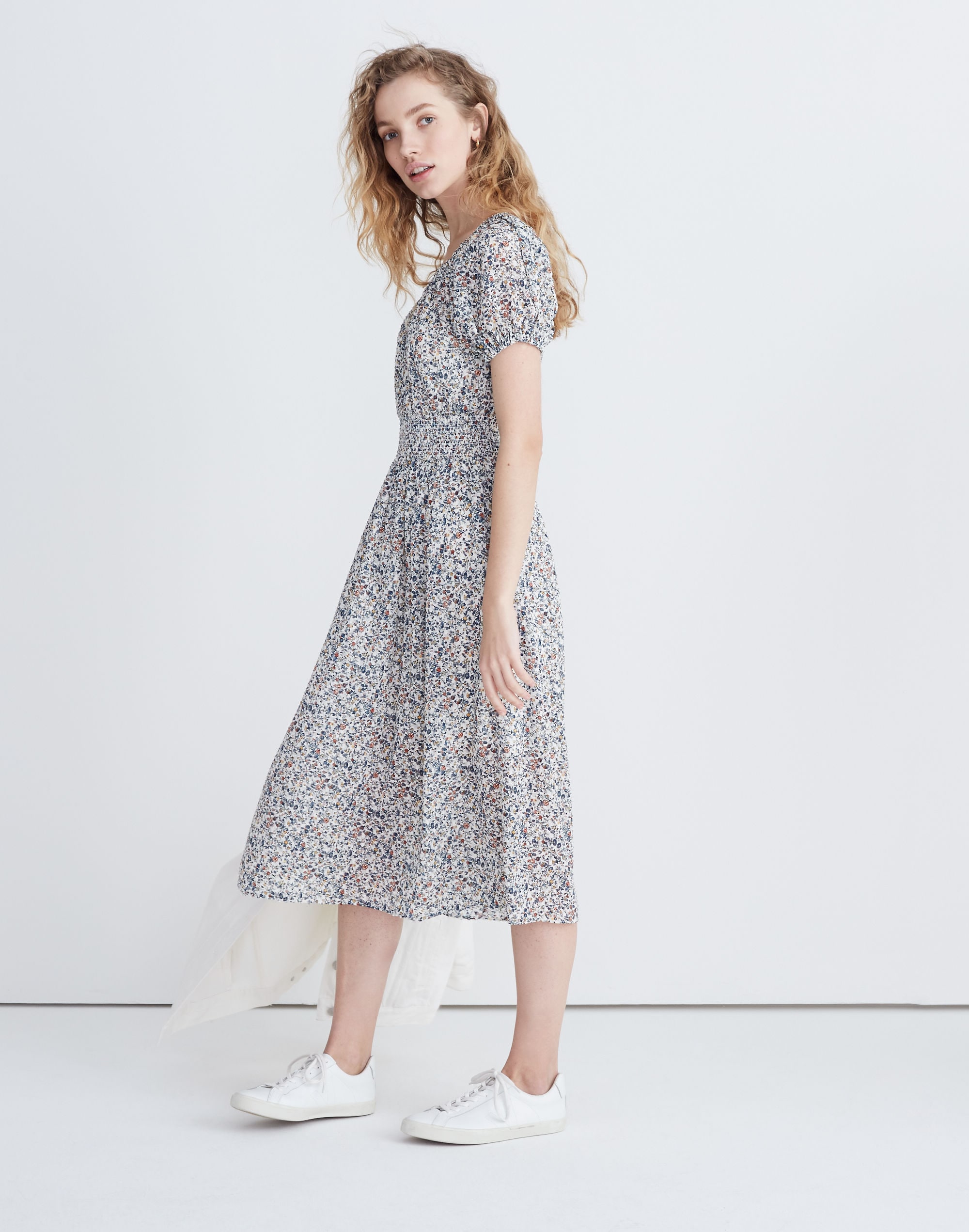 smock-waist peasant midi dress in blossoming vines