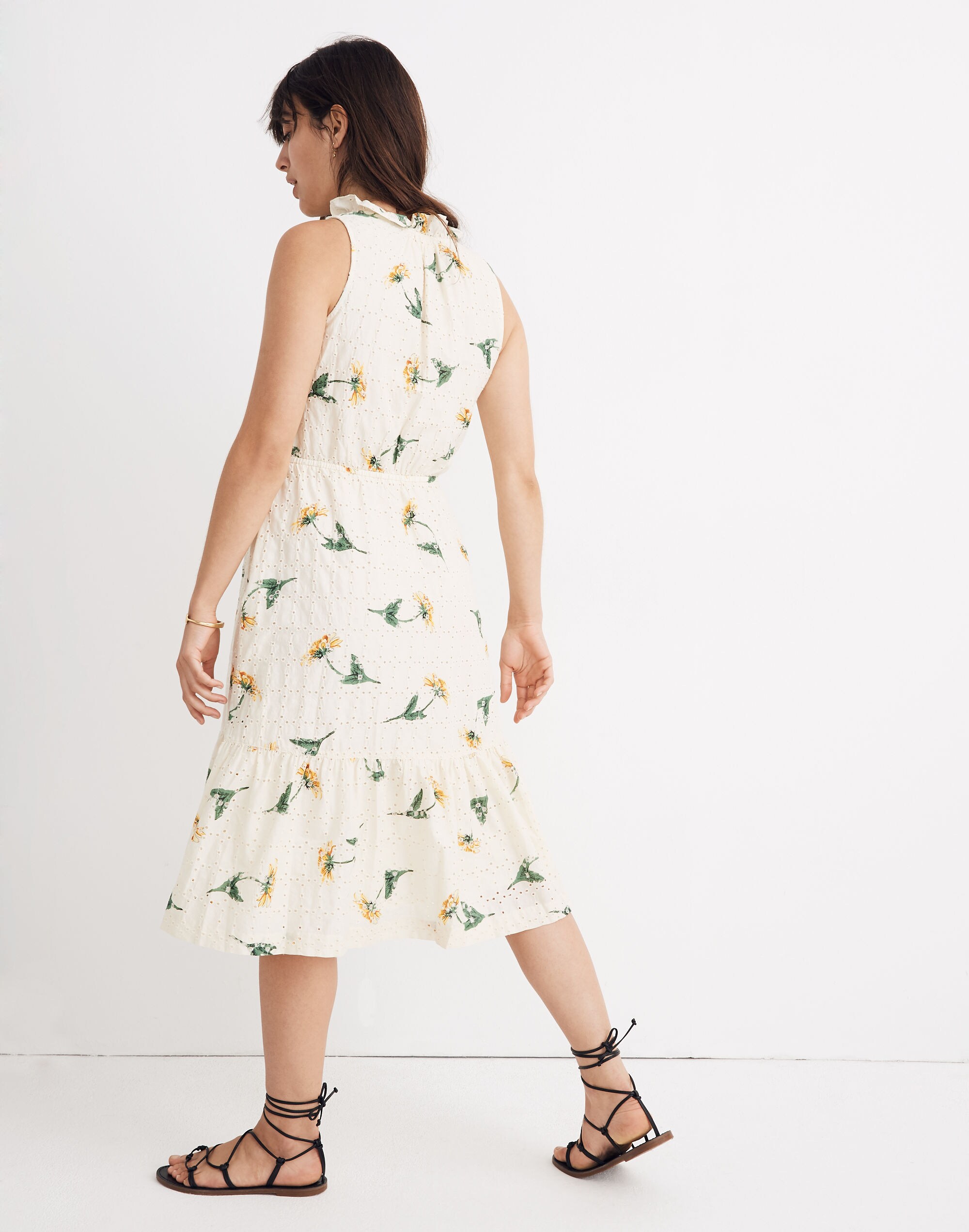 Eyelet Ruffle-Neck Tiered Dress in Sunflower Scatter