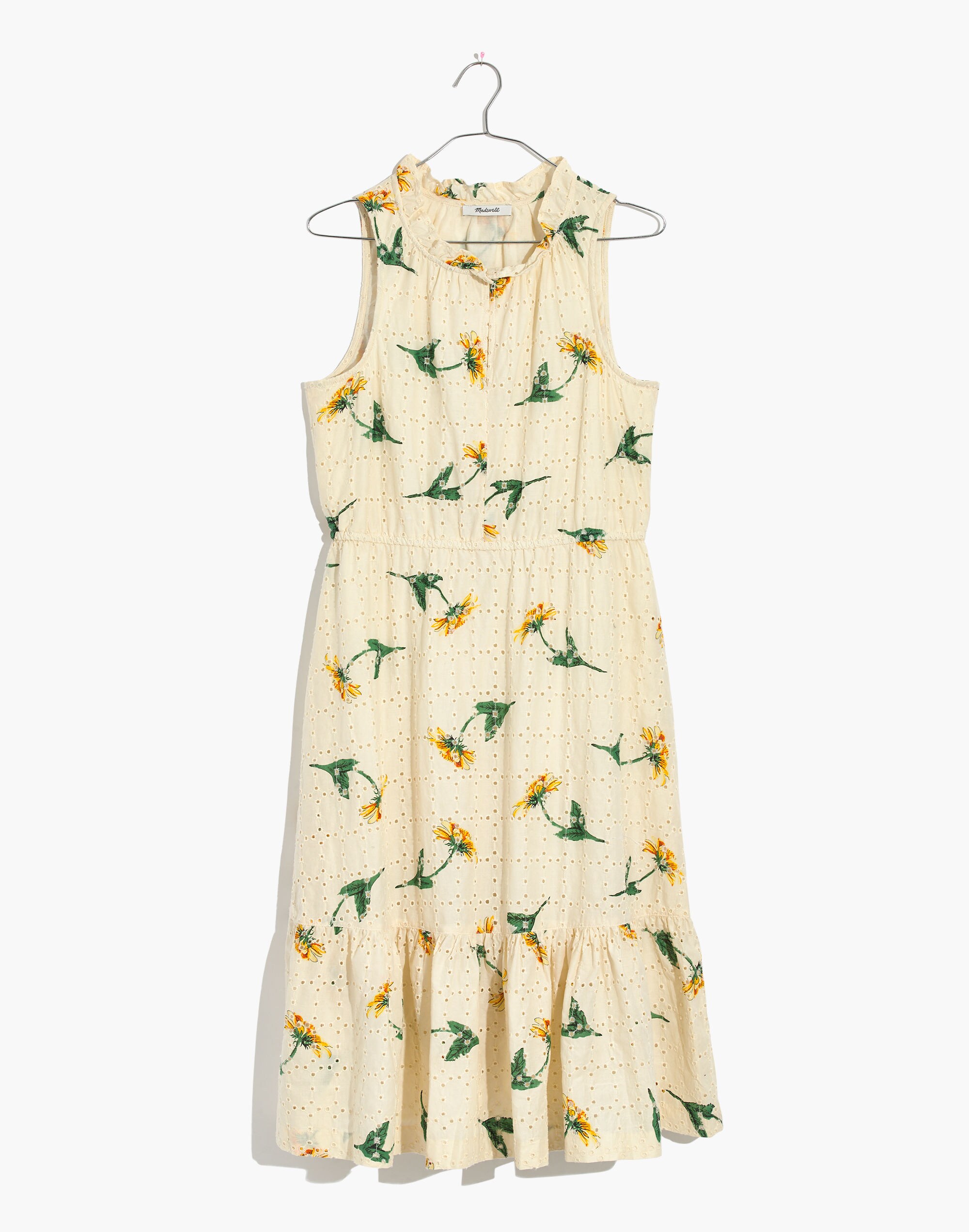 Eyelet Ruffle-Neck Tiered Dress in Sunflower Scatter
