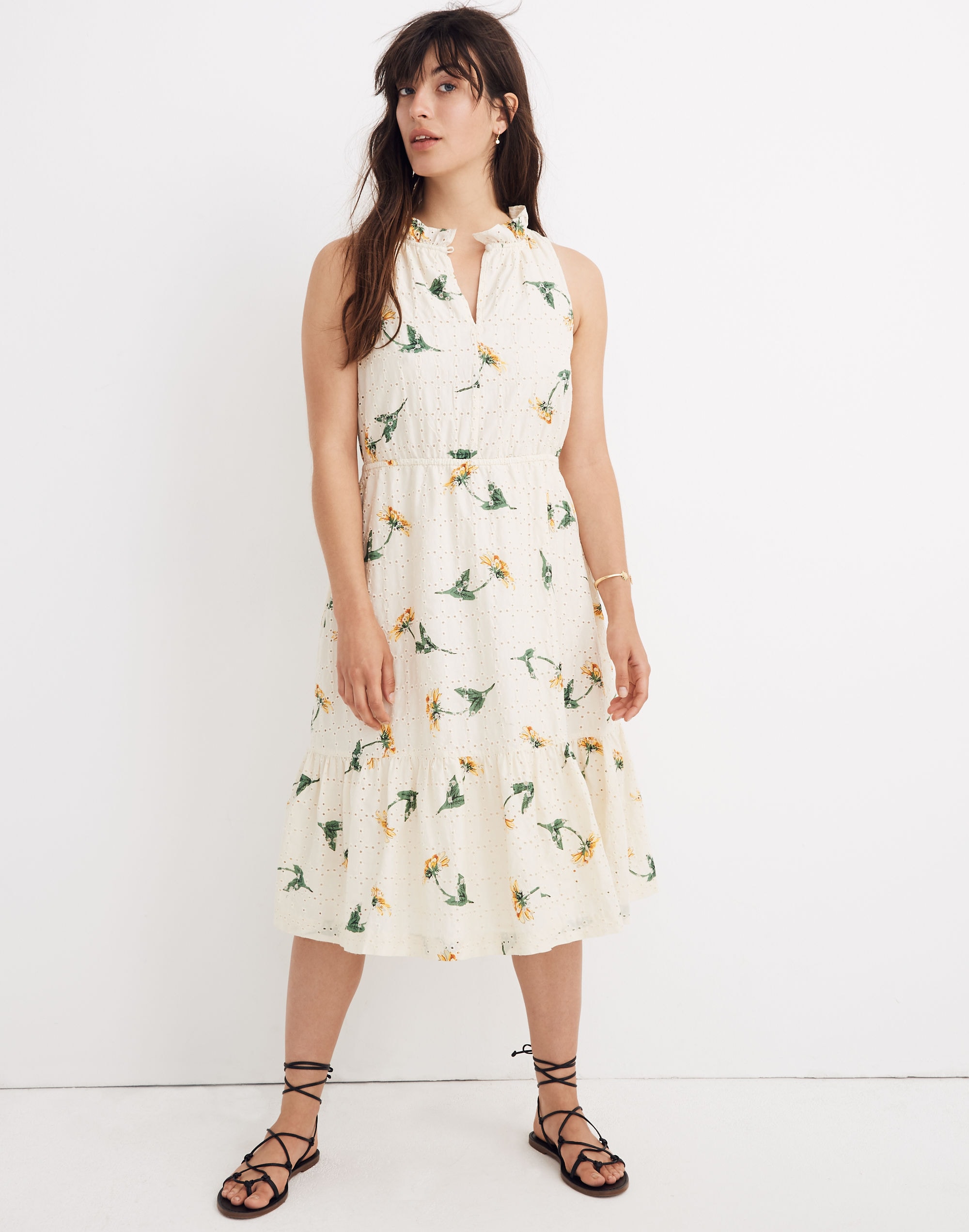 Eyelet Ruffle-Neck Tiered Dress in Sunflower Scatter