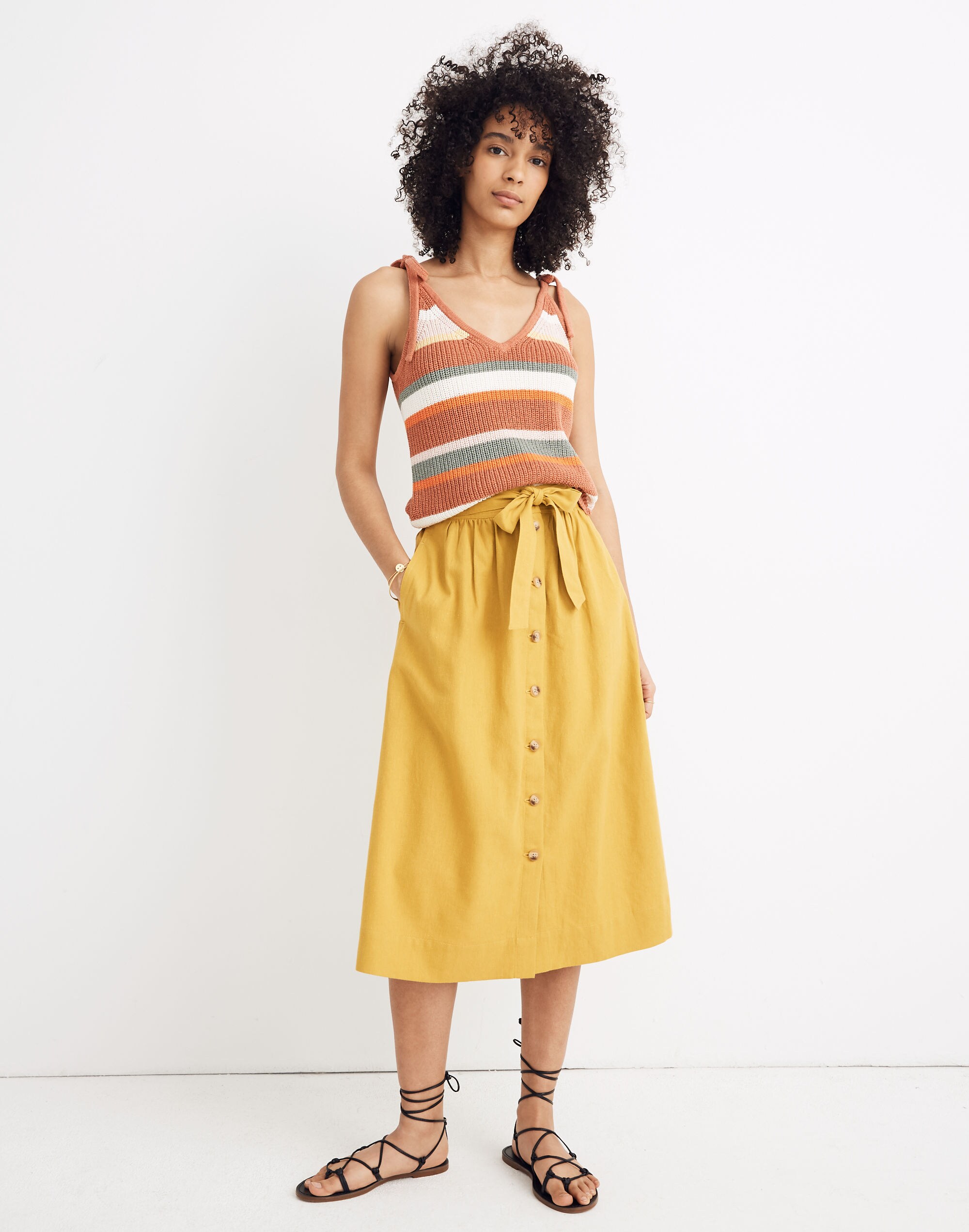 Tie Palisade Button-Front Midi Skirt