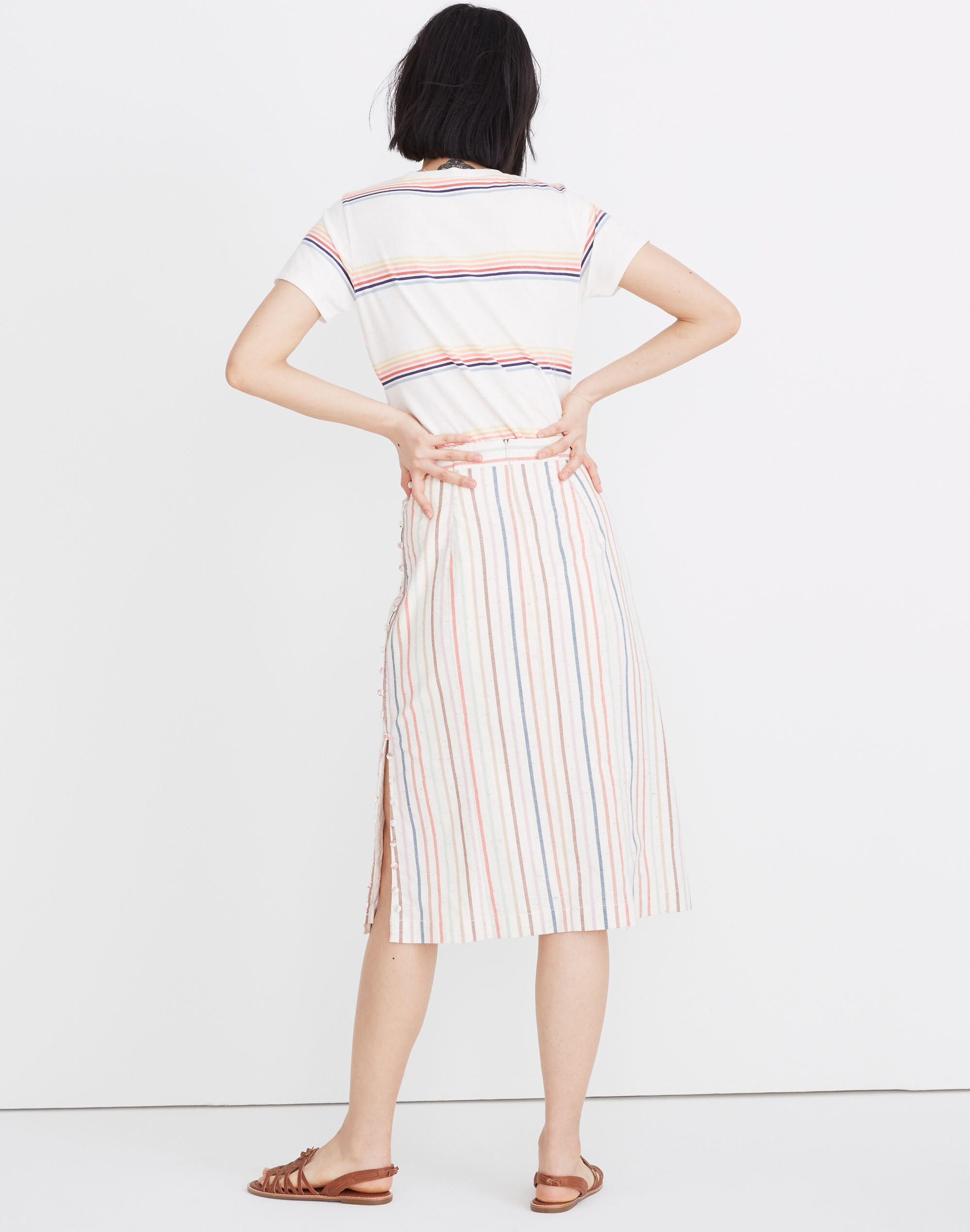 Button Slit Midi Skirt in Flecked Rainbow Stripe