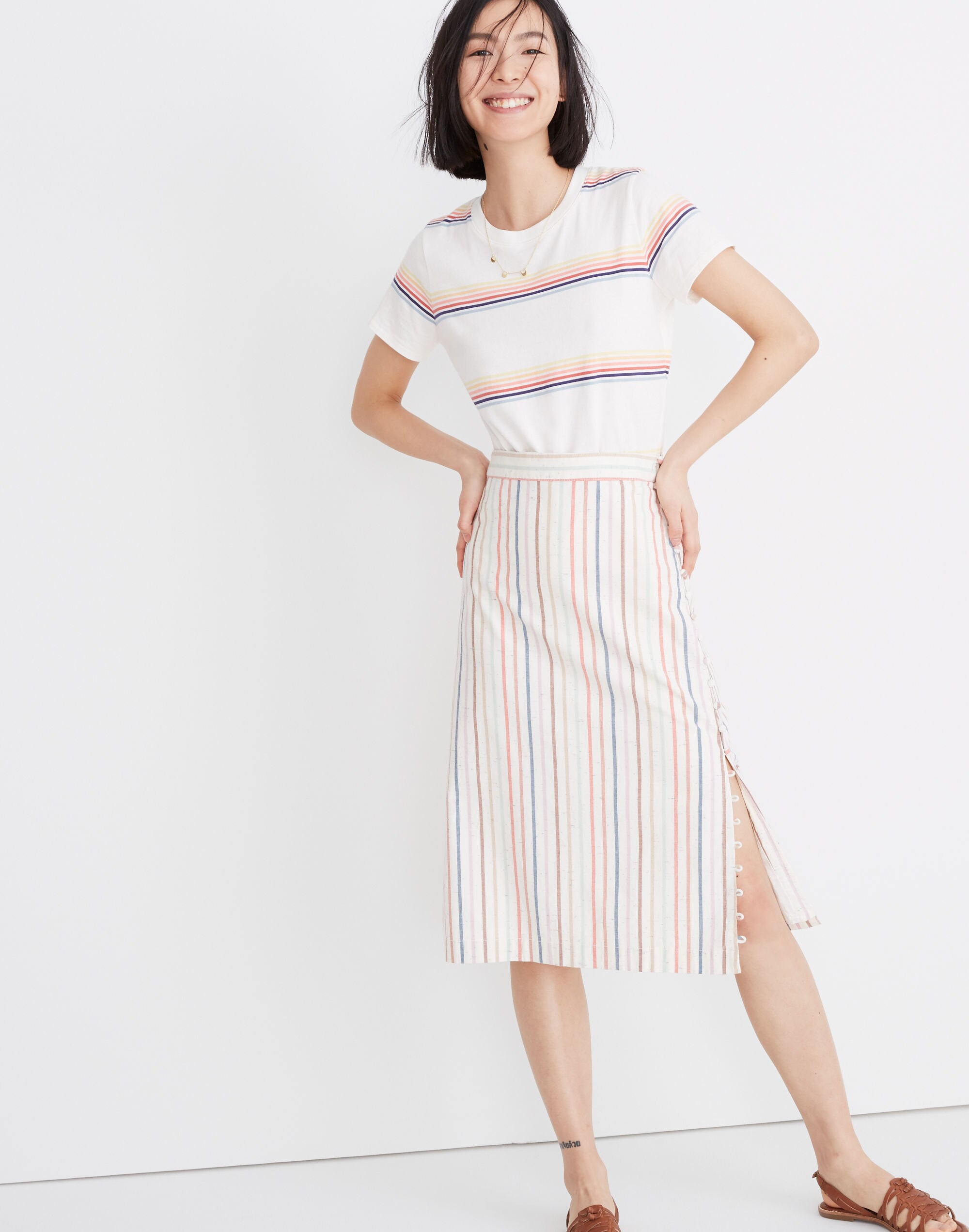 Button Slit Midi Skirt in Flecked Rainbow Stripe
