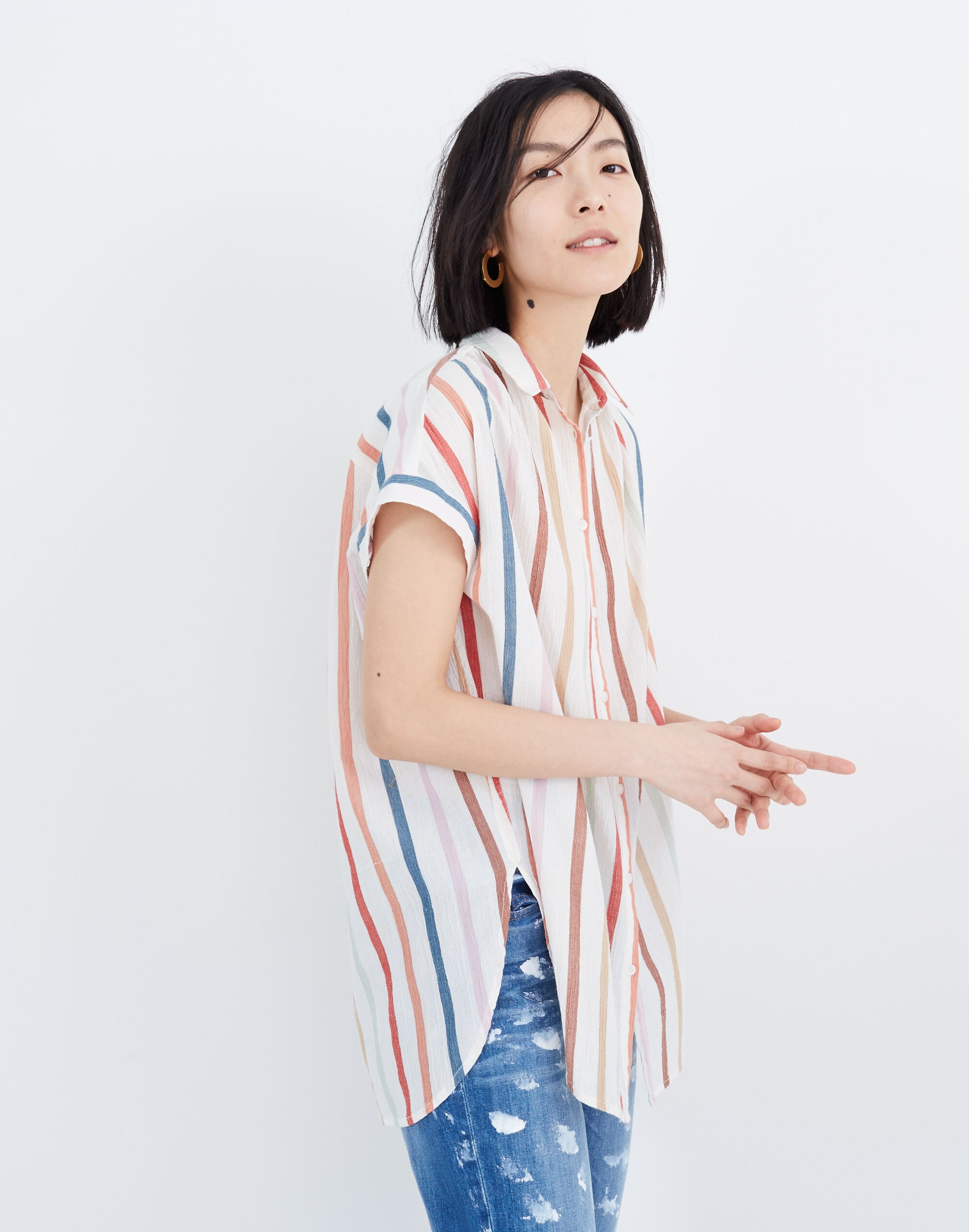 Gauze Central Tunic Shirt in Rainbow Stripe