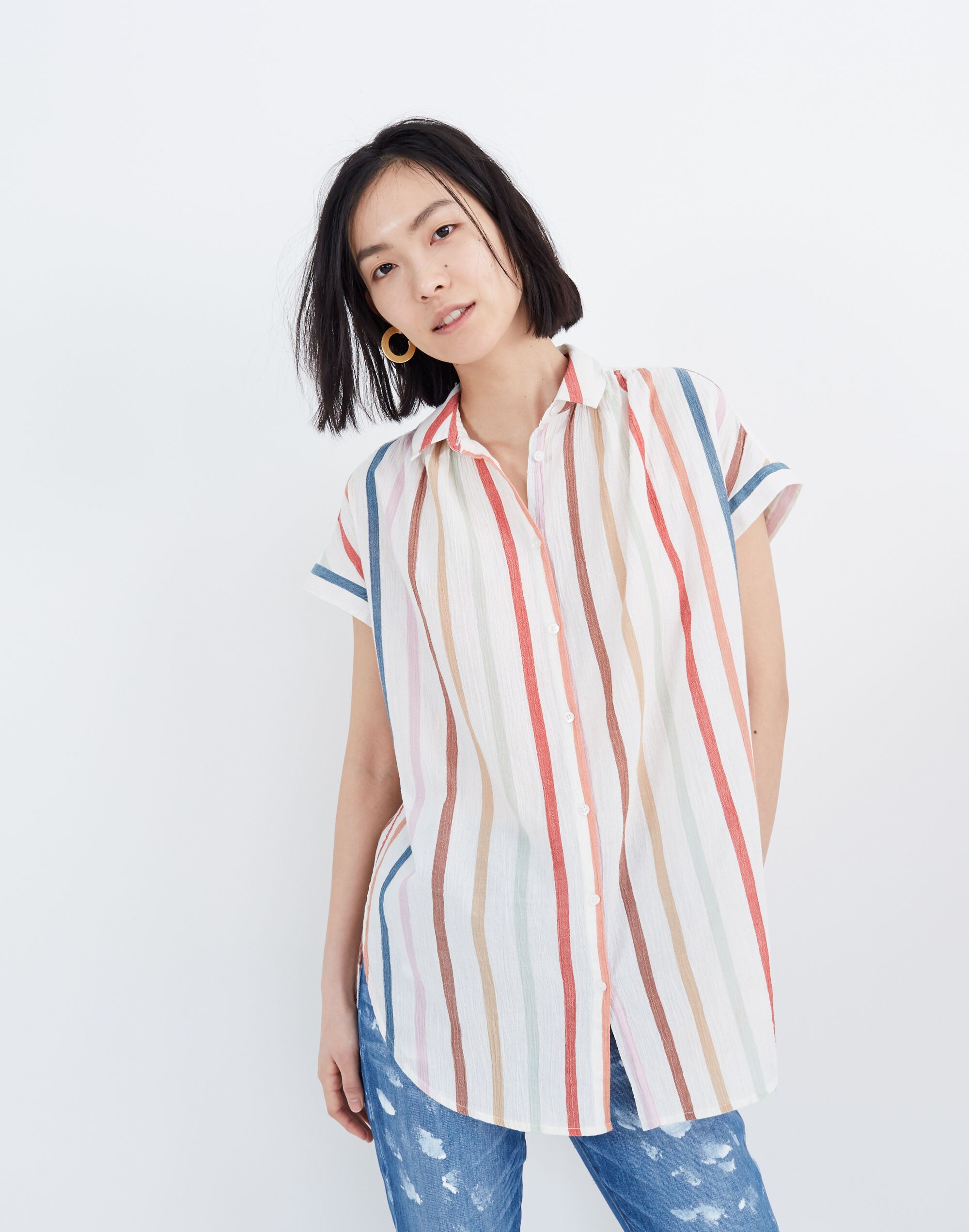 Gauze Central Tunic Shirt in Rainbow Stripe