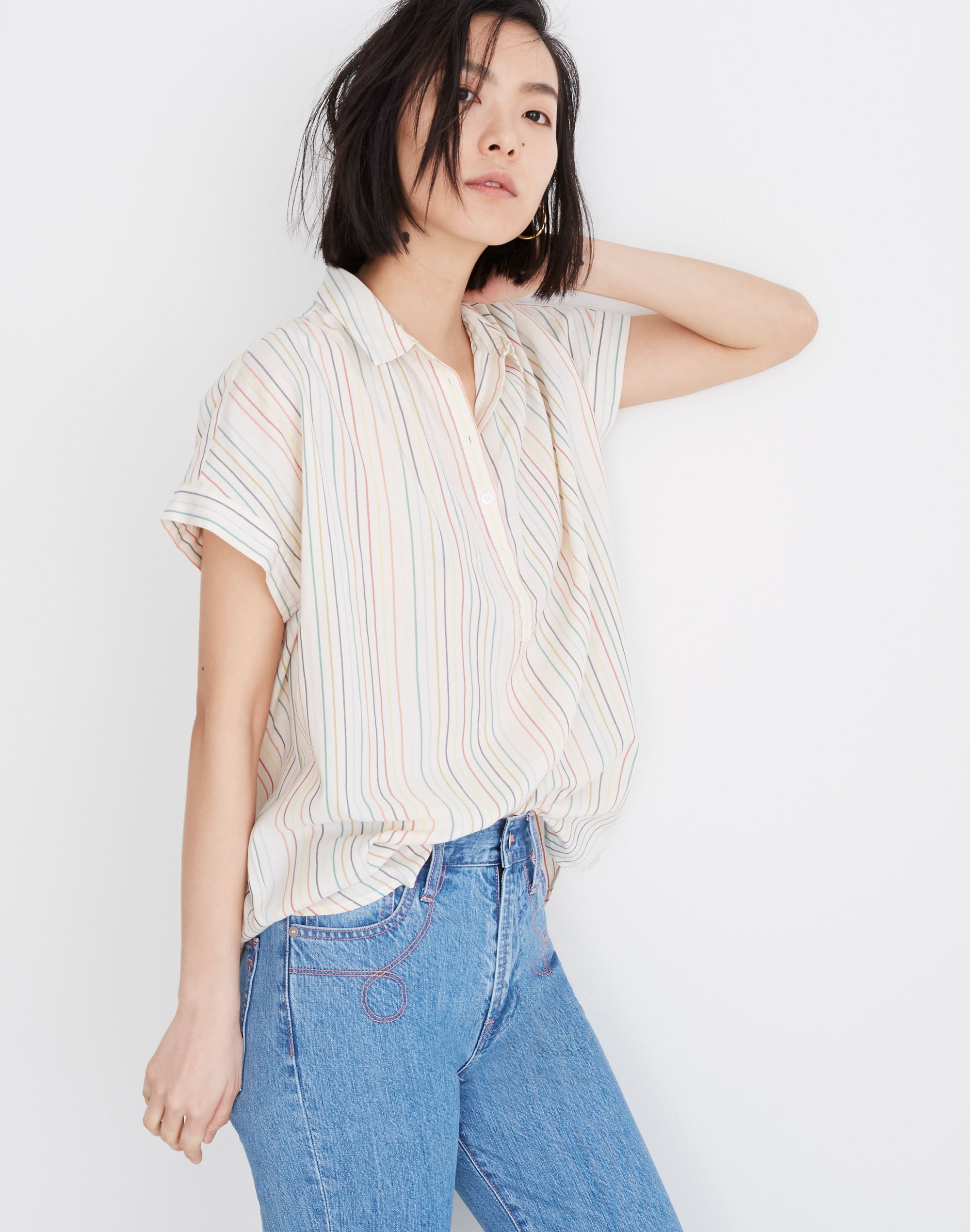 Central Popover Shirt in Textural Rainbow Stripe