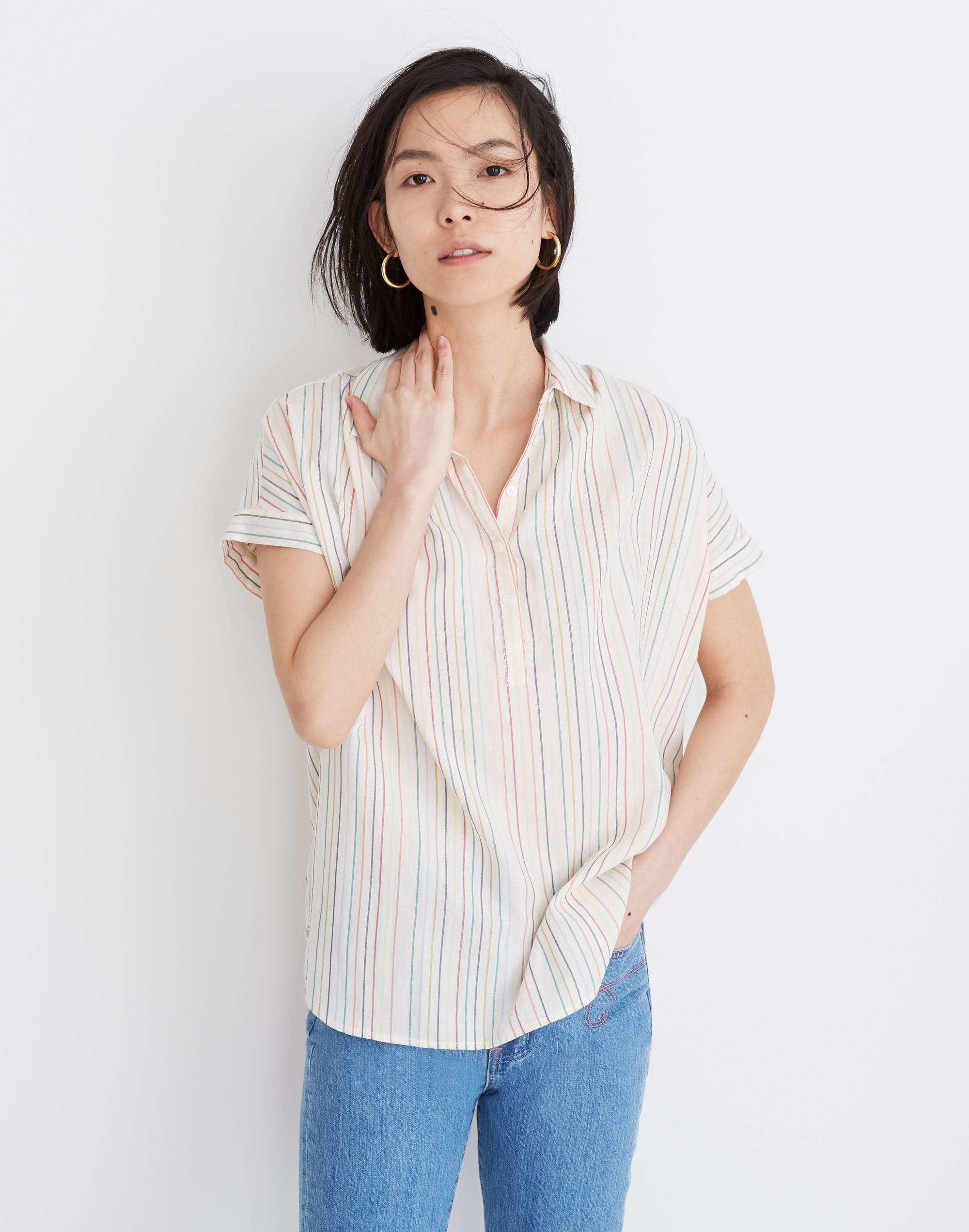 Central Popover Shirt in Textural Rainbow Stripe