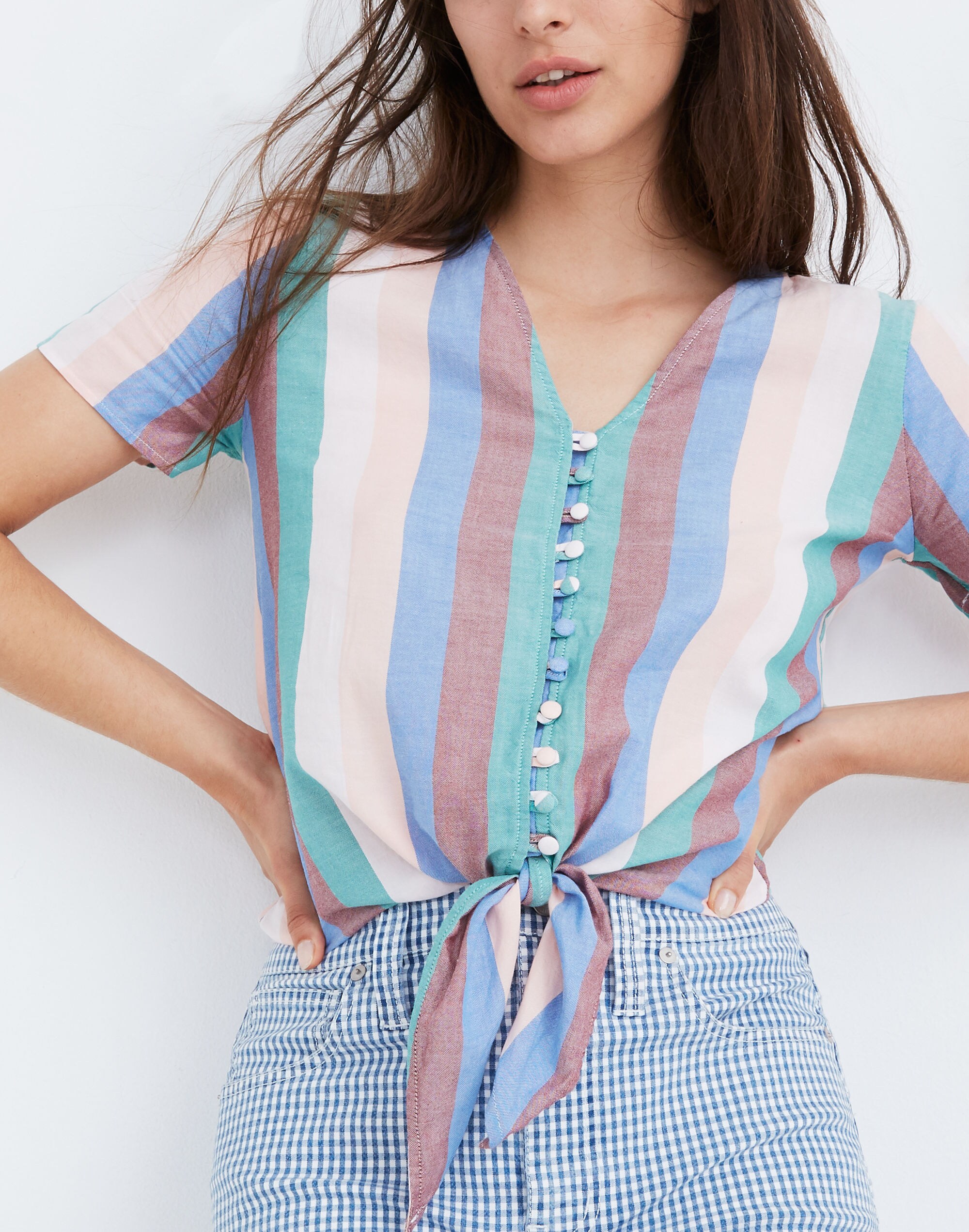 Novel Tie-Front Button Top in Flagstaff Stripe