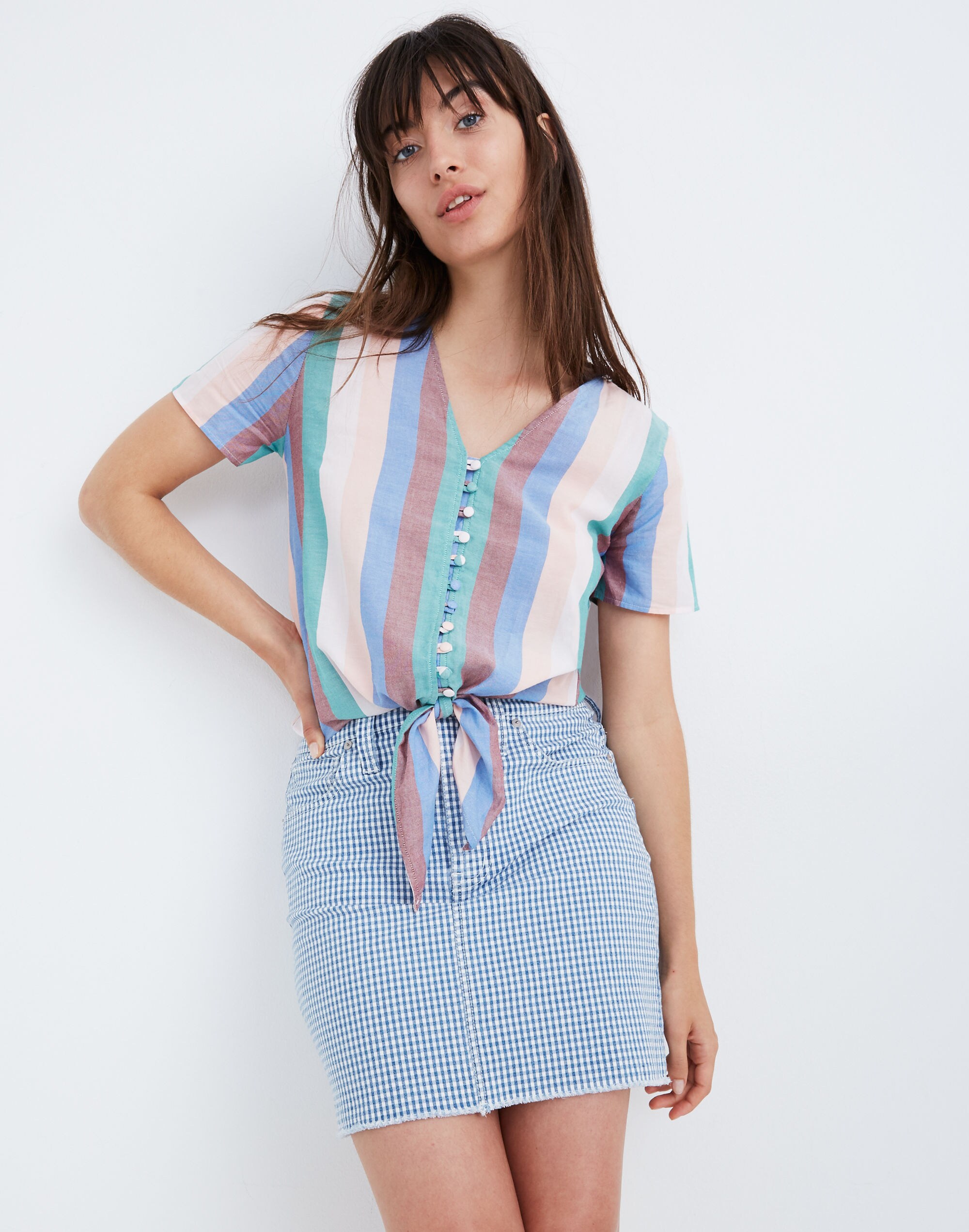 Novel Tie-Front Button Top in Flagstaff Stripe