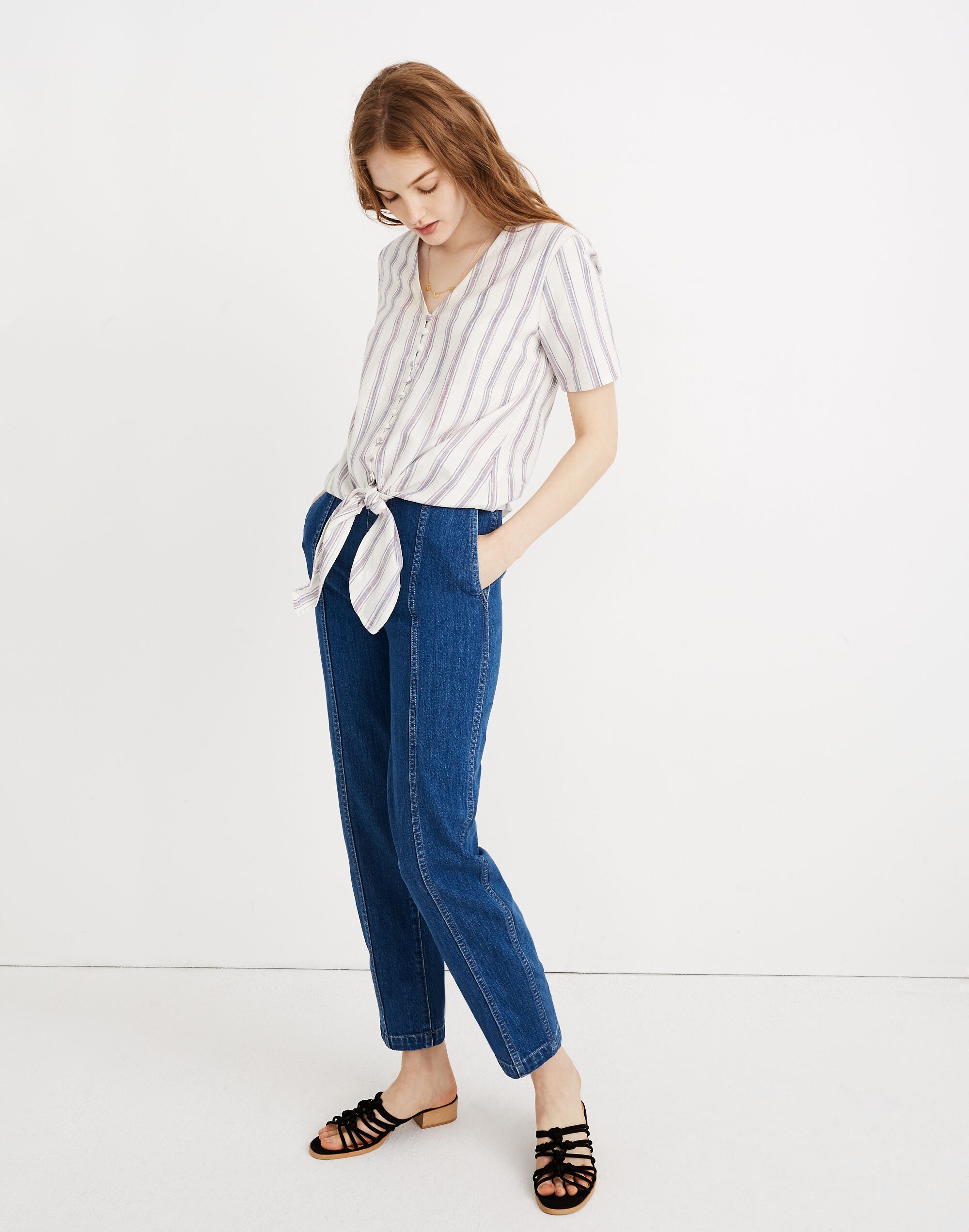 Agency Tie-Front Button Top in Sarasota Stripe