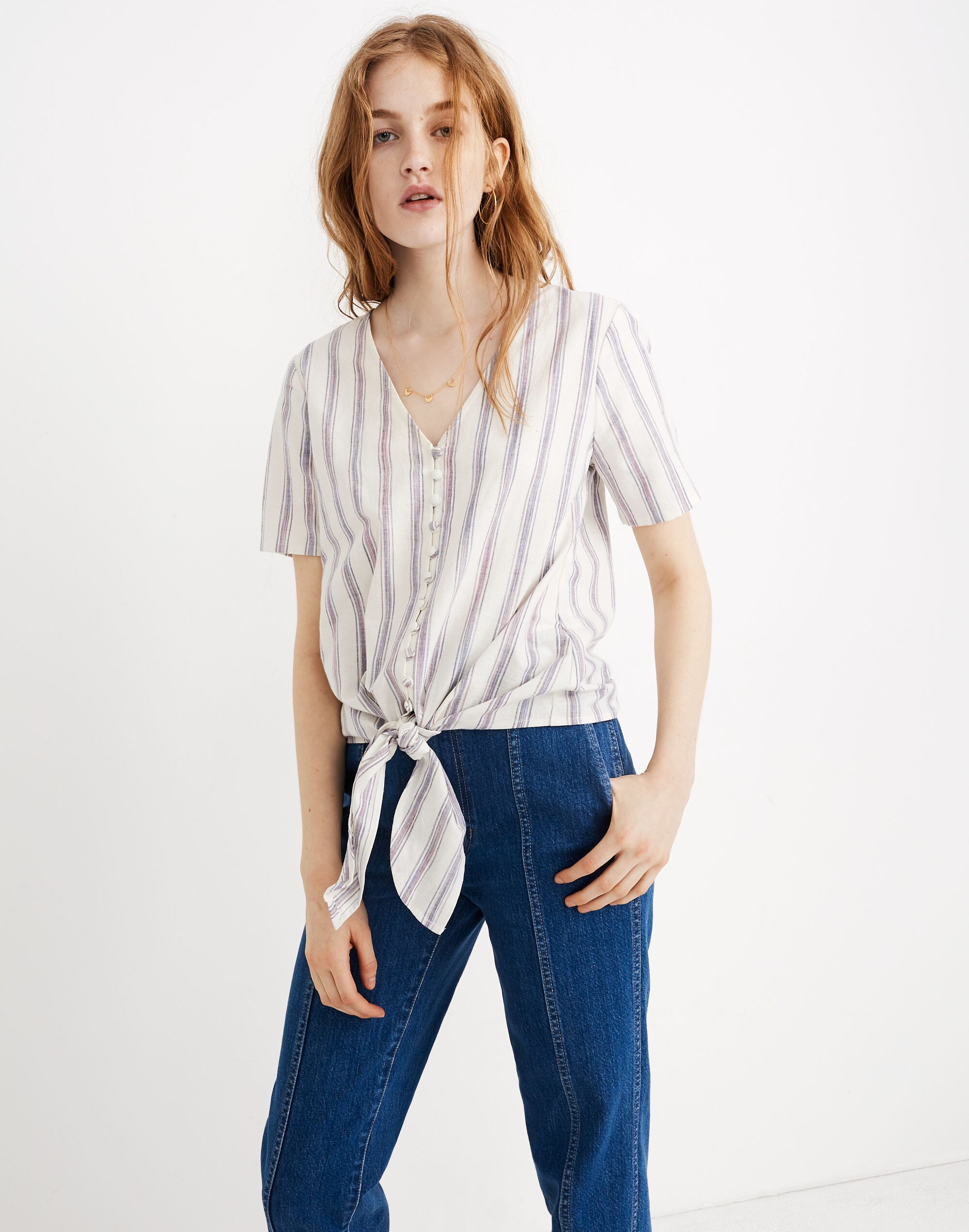 Agency Tie-Front Button Top in Sarasota Stripe
