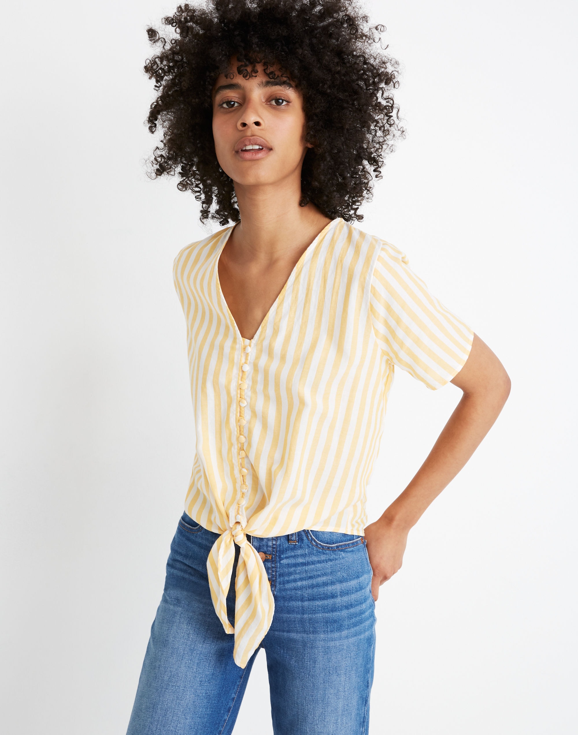 Agency Tie-Front Button Top in Pompano Stripe