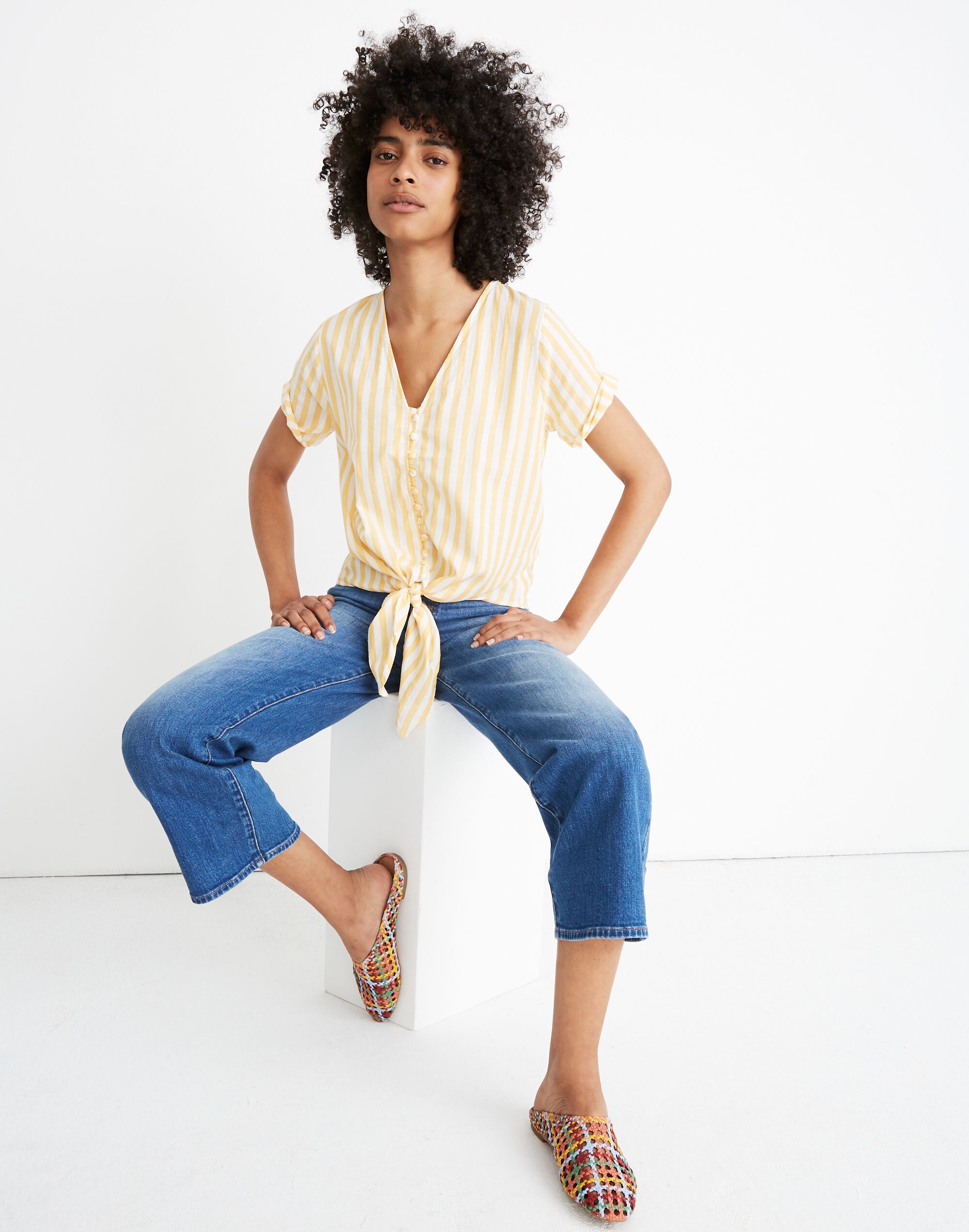 Agency Tie-Front Button Top in Pompano Stripe