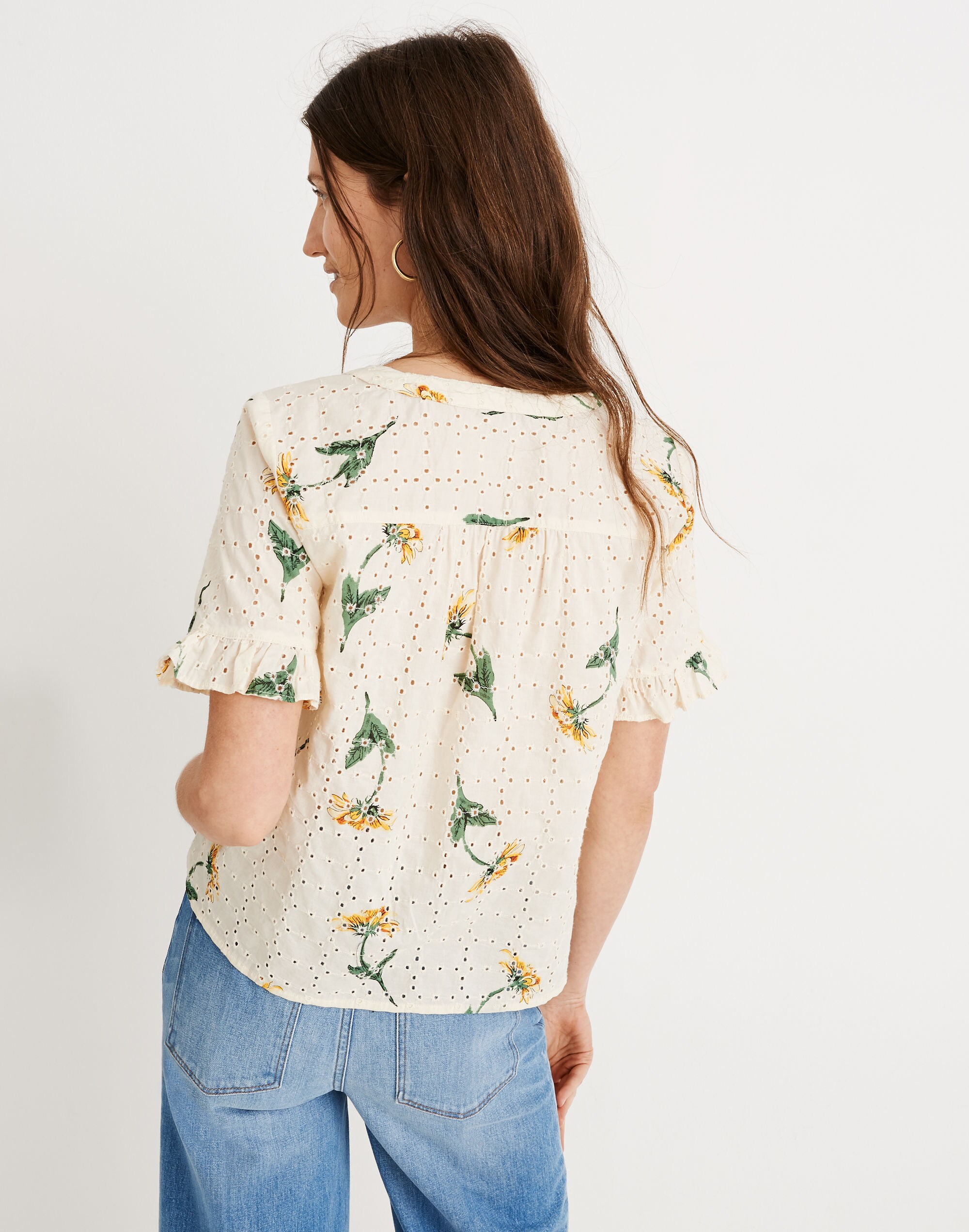 Eyelet Village Ruffle-Sleeve Shirt in Sunflower Scatter
