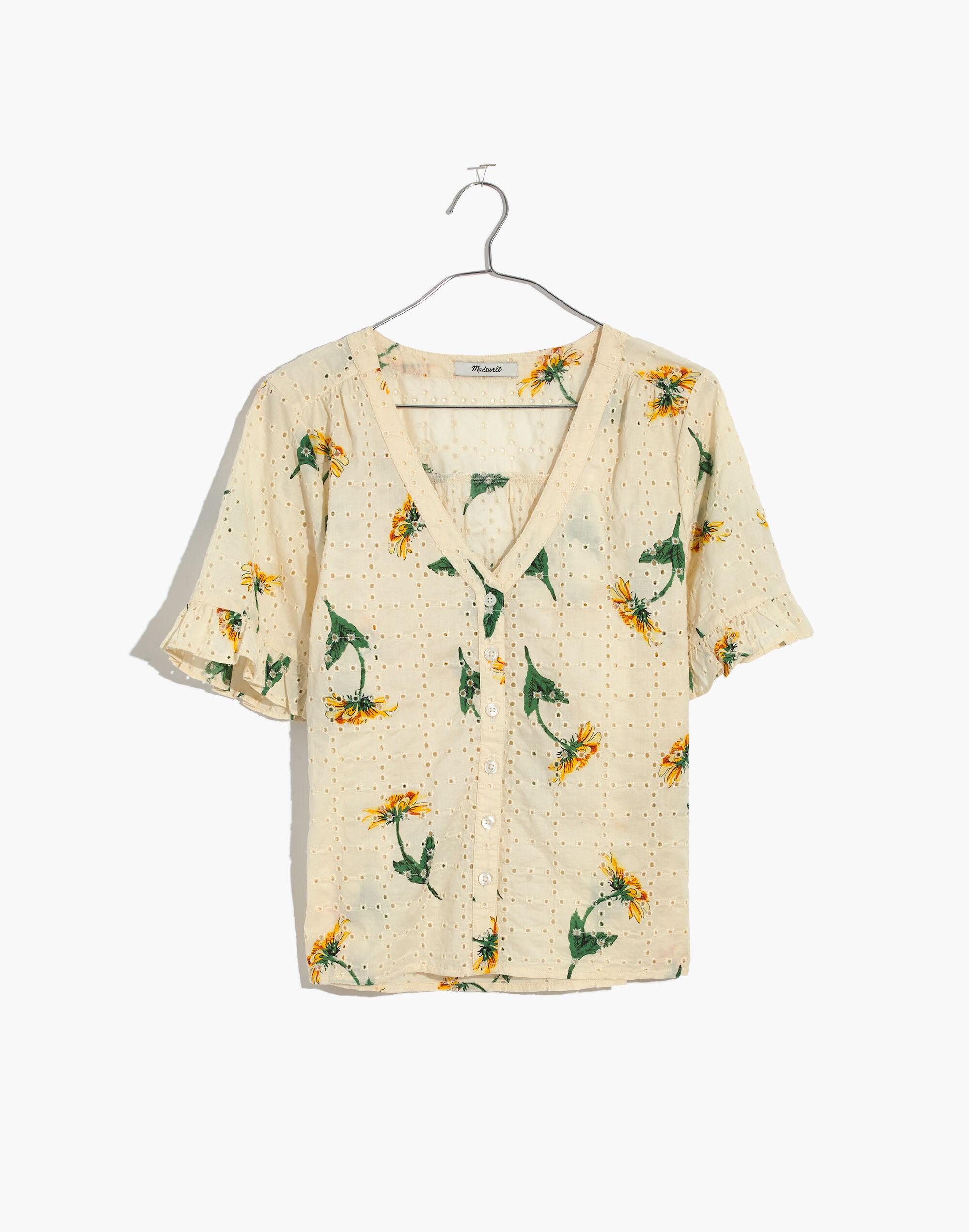 Eyelet Village Ruffle-Sleeve Shirt in Sunflower Scatter