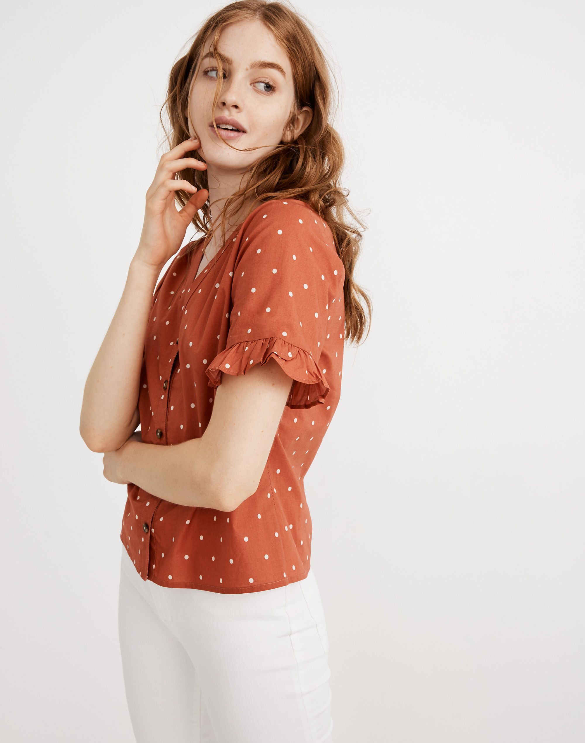 Village Ruffle-Sleeve Shirt in Polka Dot