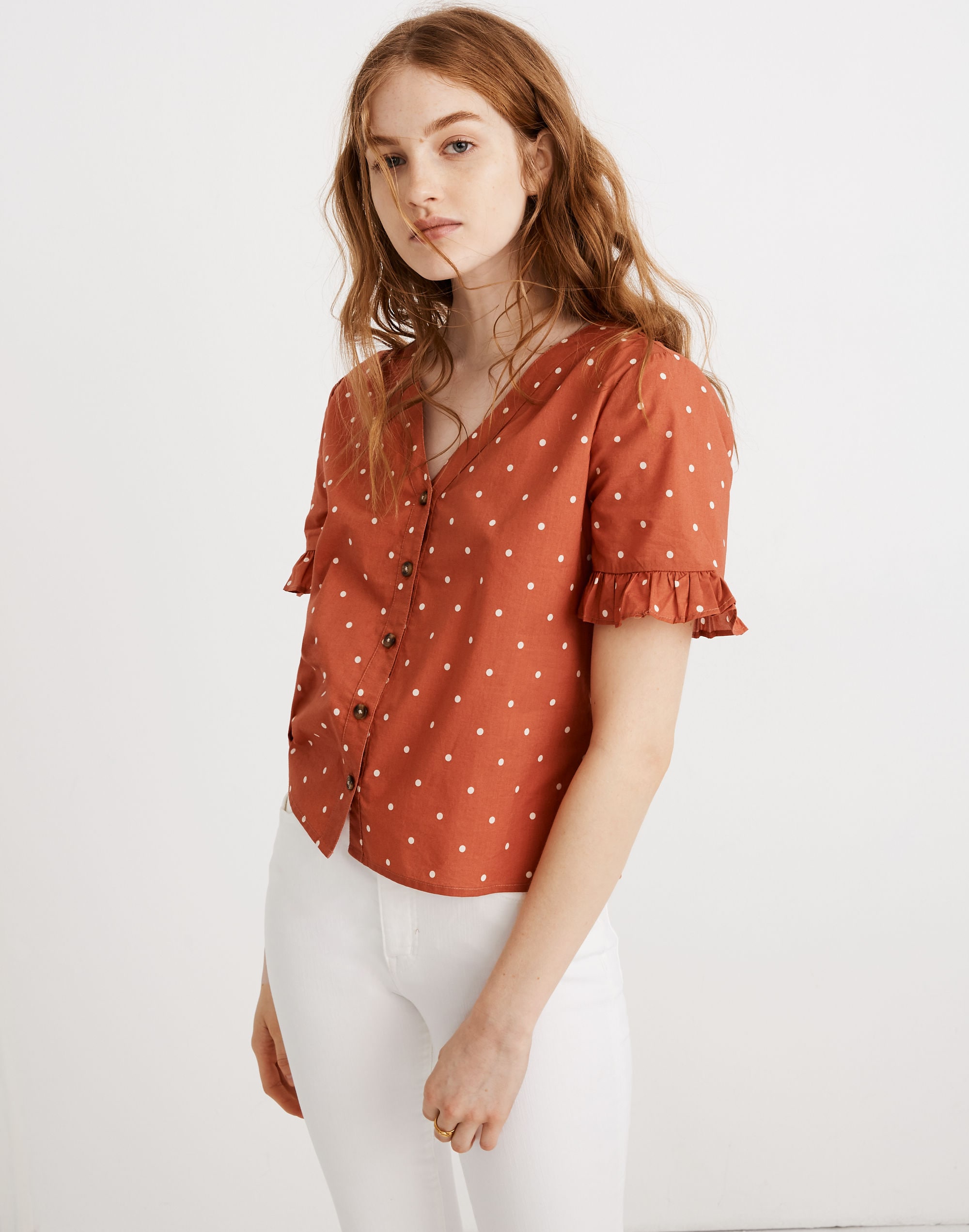 Village Ruffle-Sleeve Shirt in Polka Dot