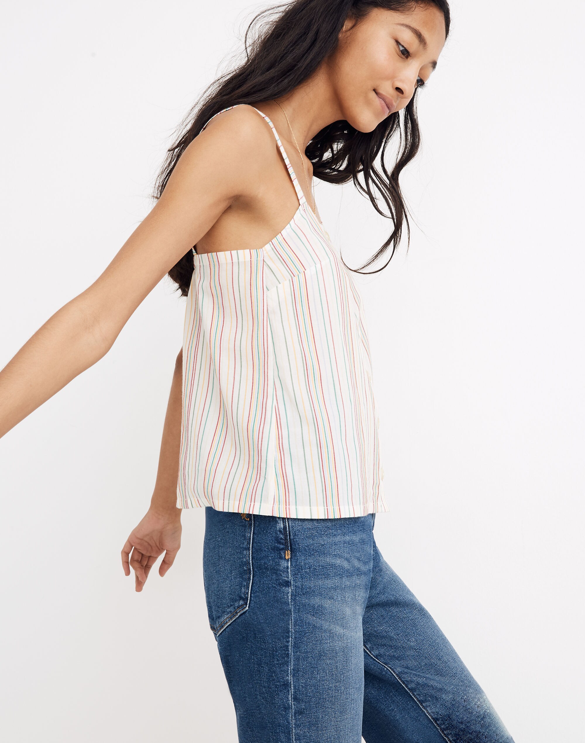 Button-Front Cami Tank in Textural Rainbow Stripe