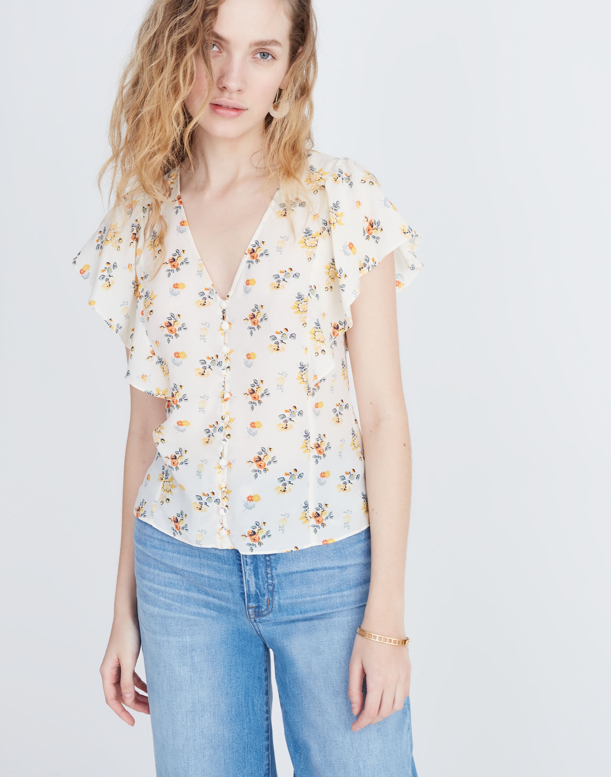 Silk Carmelina Flutter-Sleeve Top in Countryside Blooms