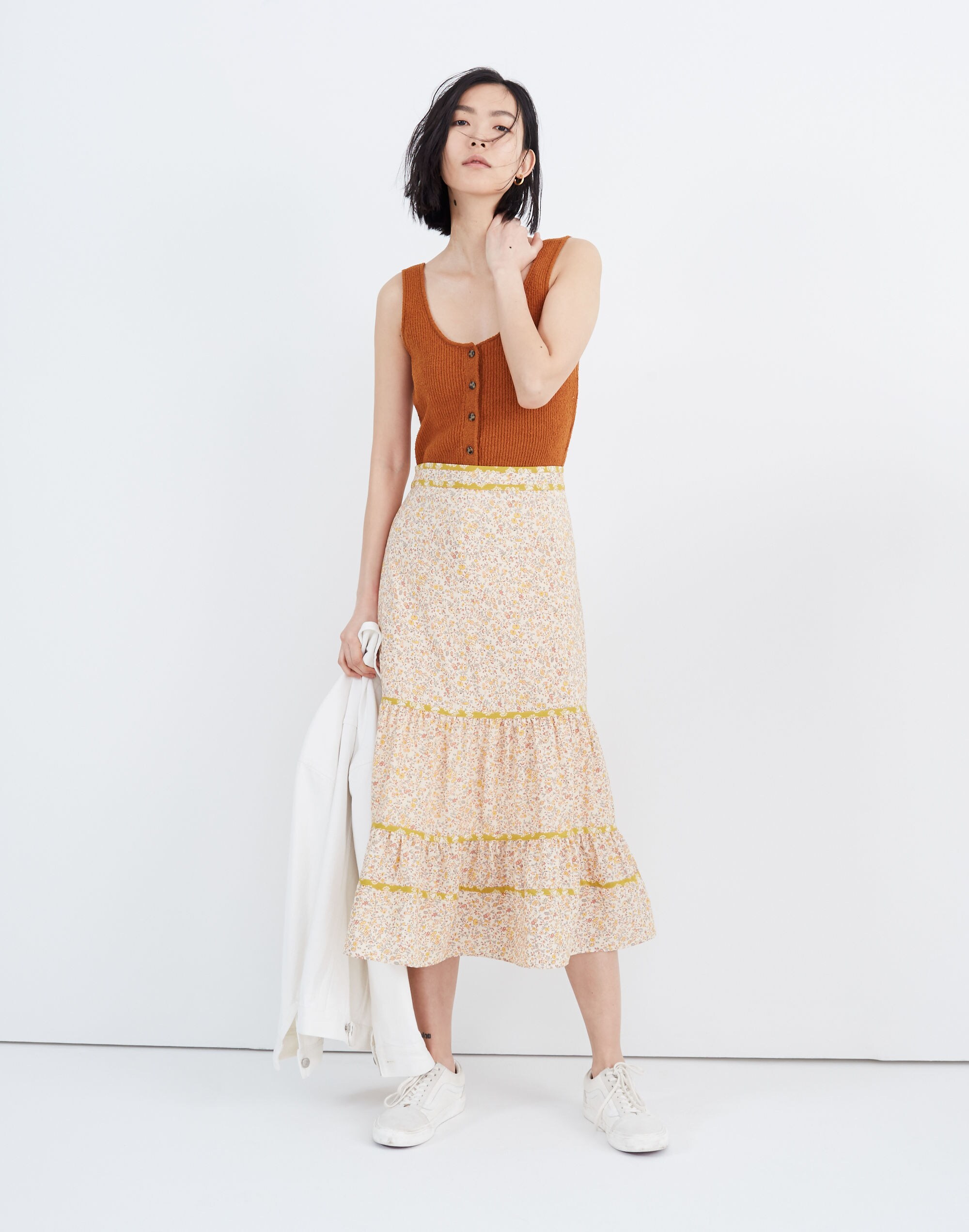 Print-Mix Tiered Midi Skirt in Blossoming Vines