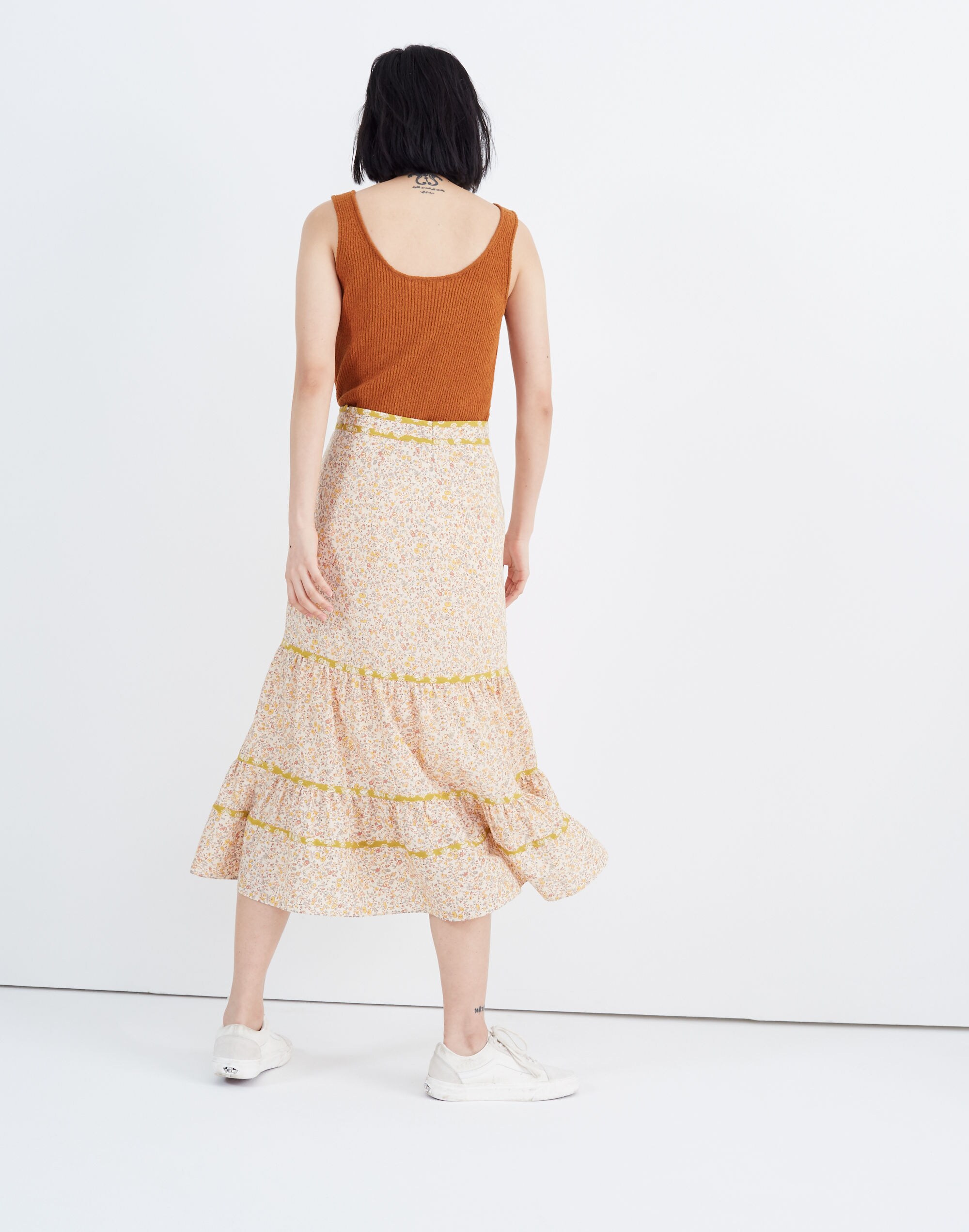 Print-Mix Tiered Midi Skirt in Blossoming Vines
