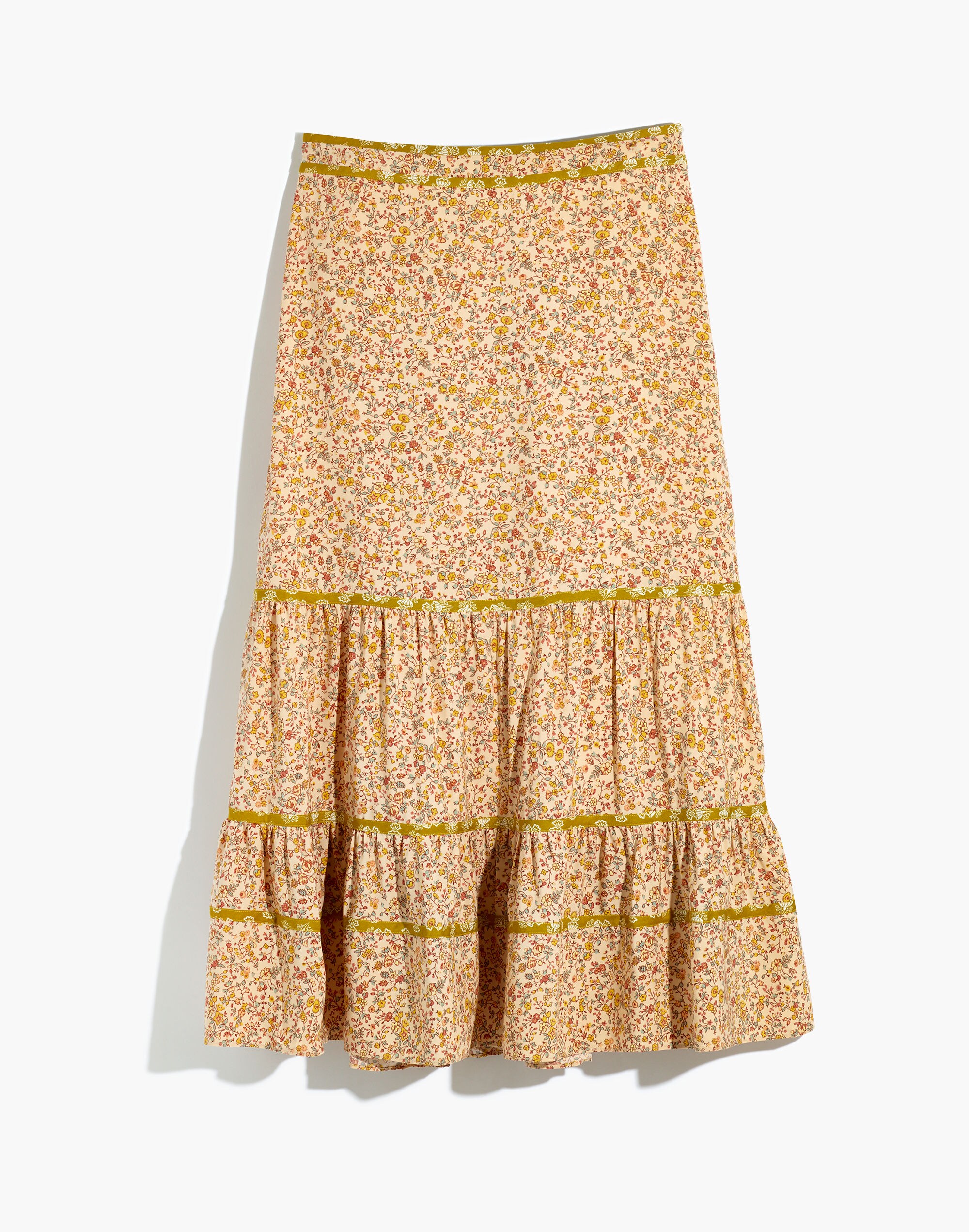 Print-Mix Tiered Midi Skirt in Blossoming Vines