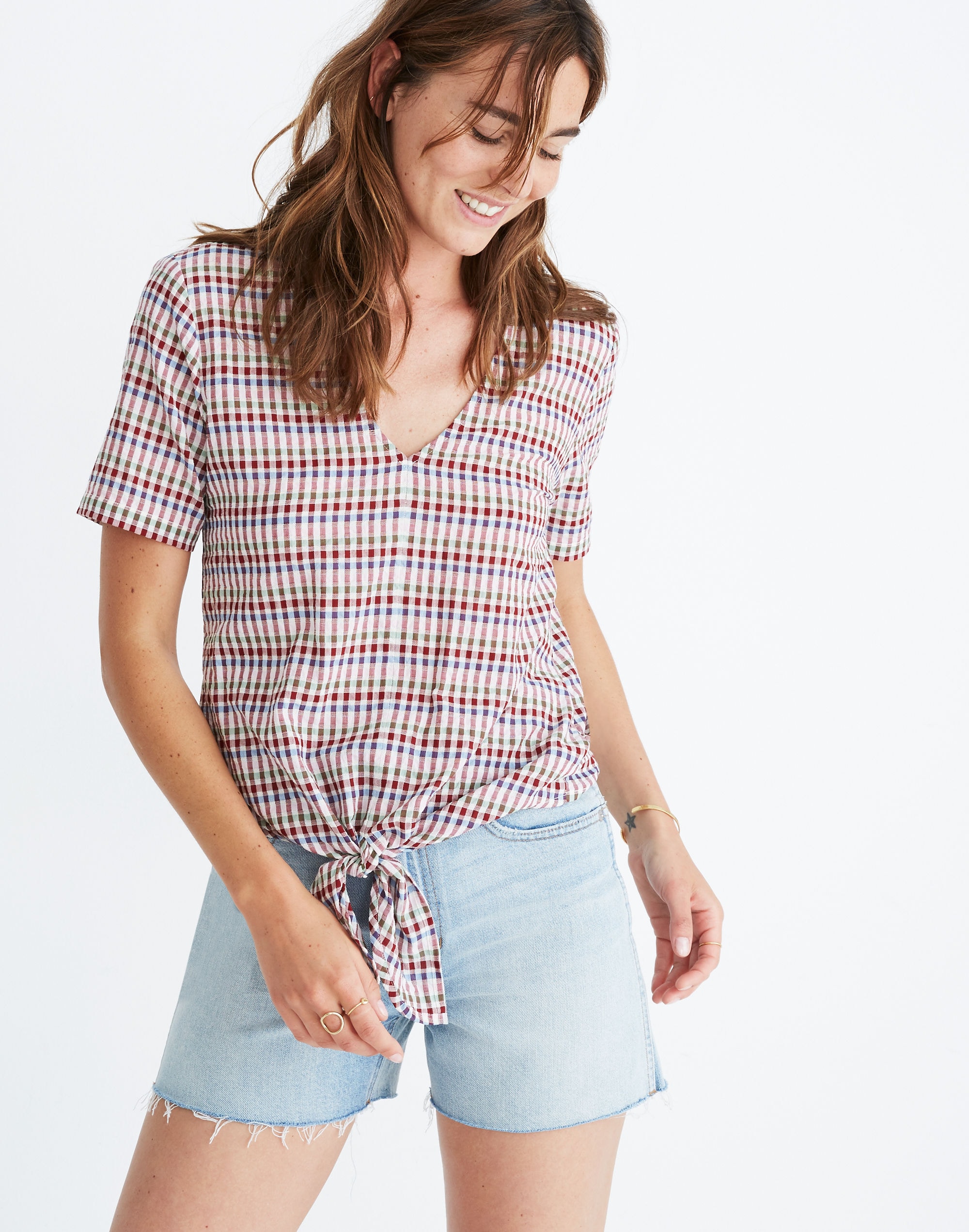 Novel Tie-Front Top in Rainbow Gingham Check