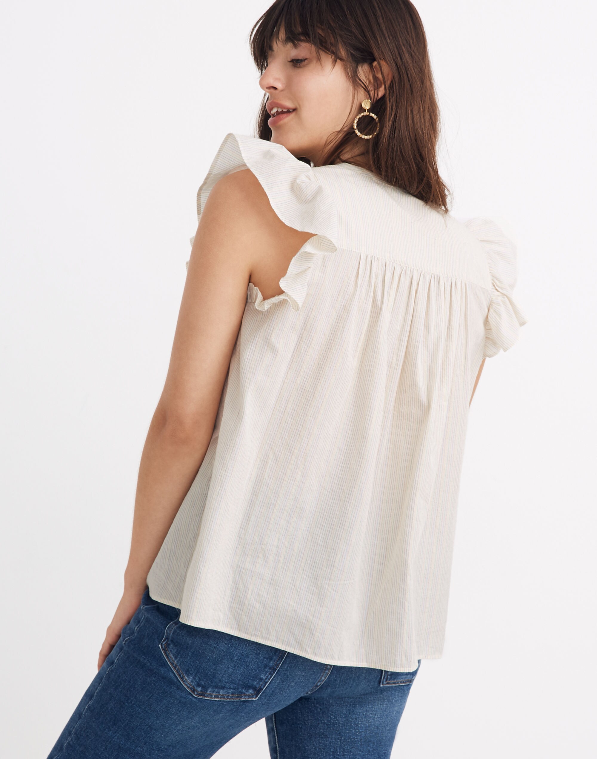 Ruffle-Sleeve Bib Top in Metallic Stripe