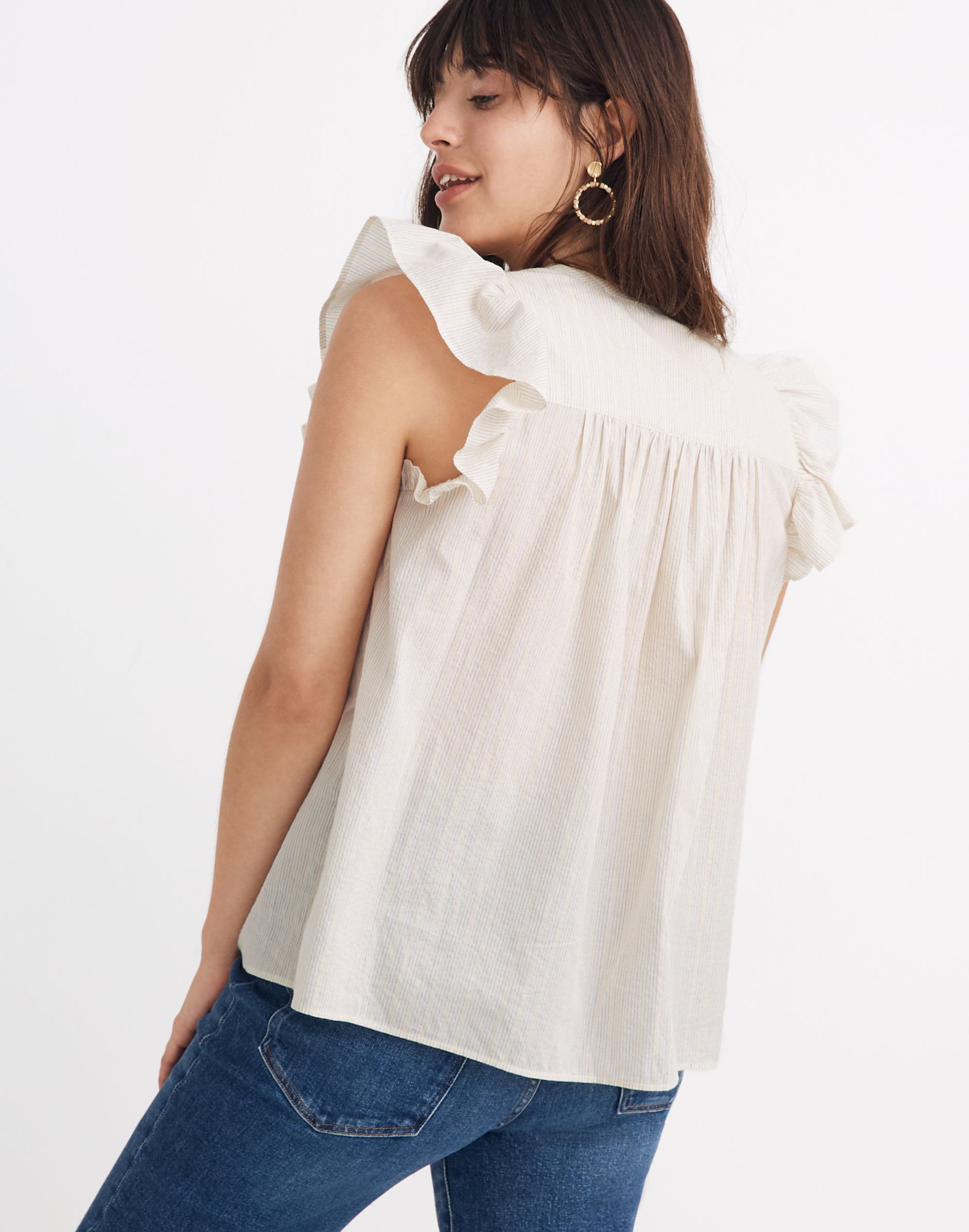 Petite Ruffle-Sleeve Bib Top in Metallic Stripe