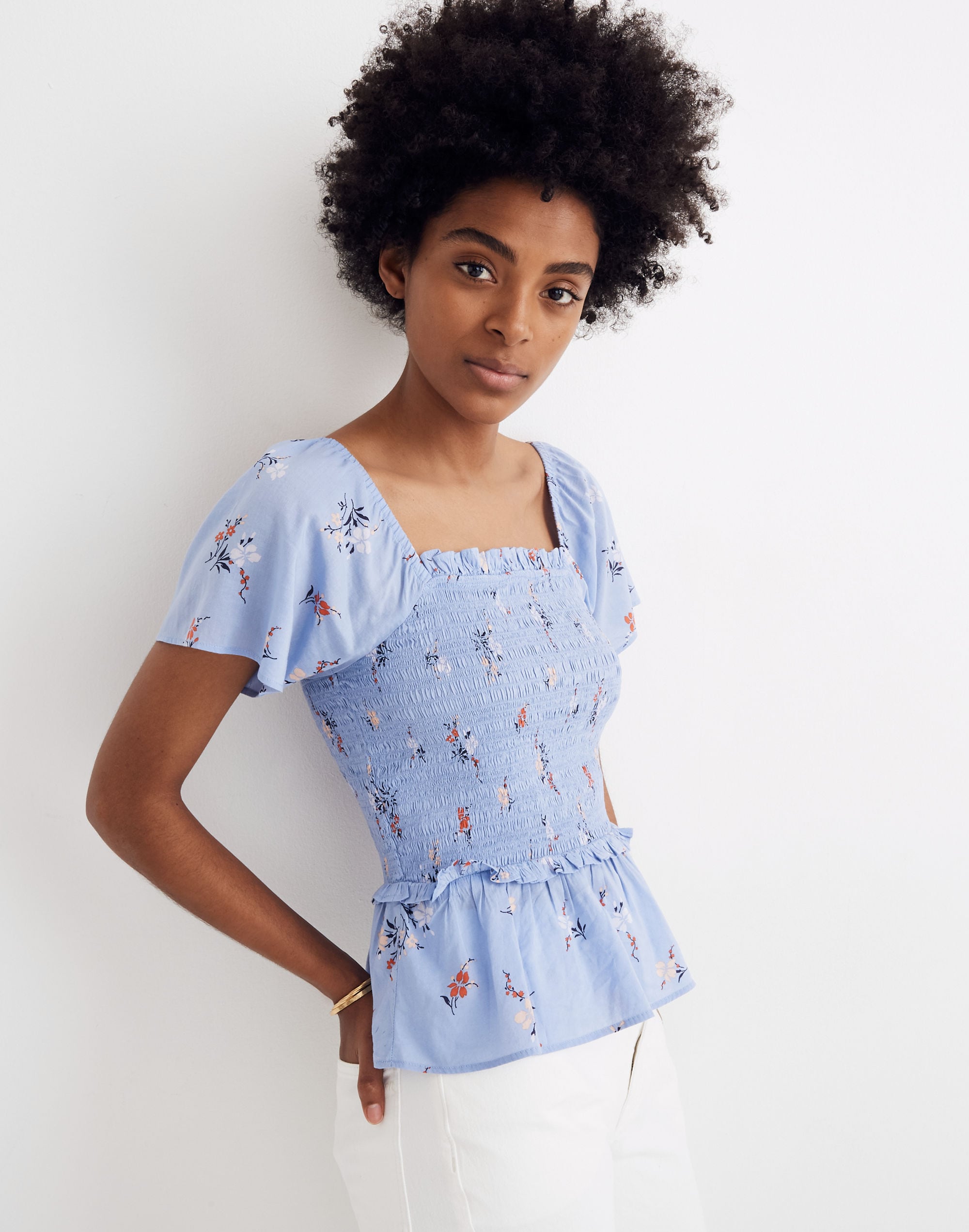 smocked flutter-sleeve top in aloha floral
