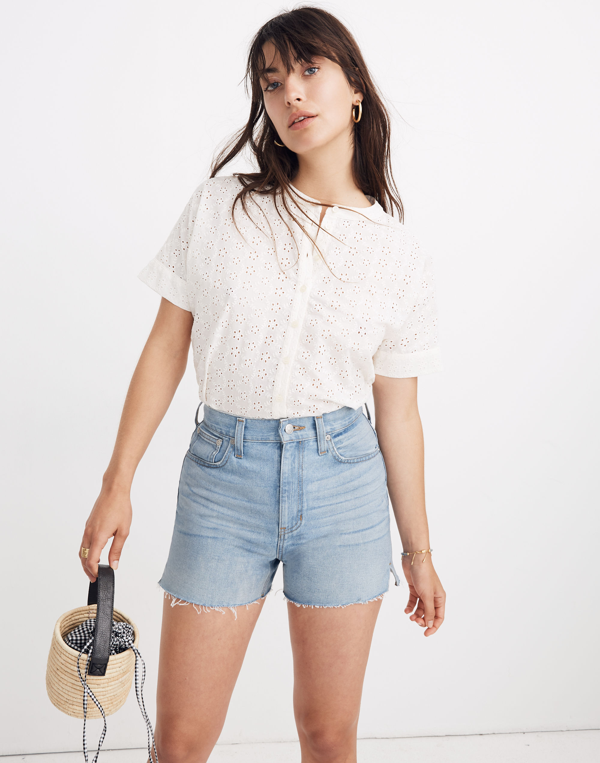 Petite Eyelet Boxy Button-Down Shirt