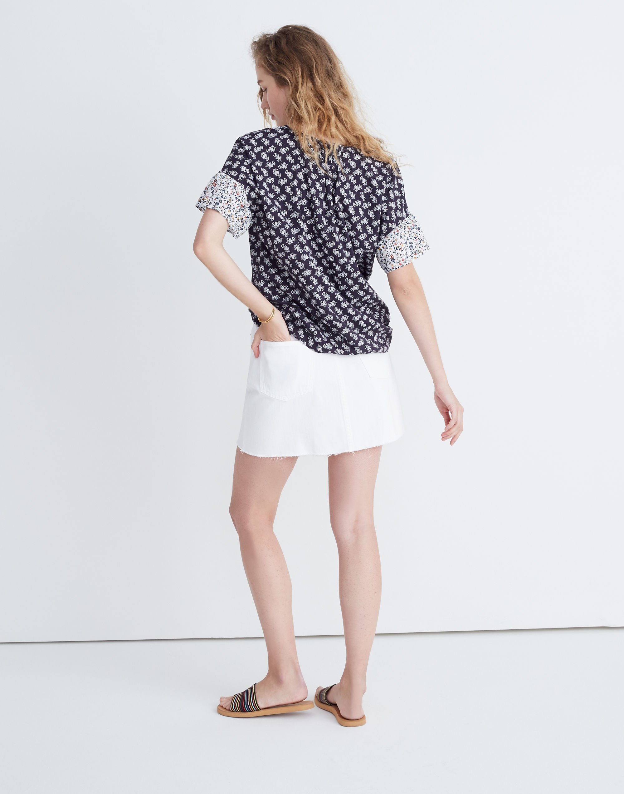 Print-Mix Drop-Shoulder Top in Blossoming Vines