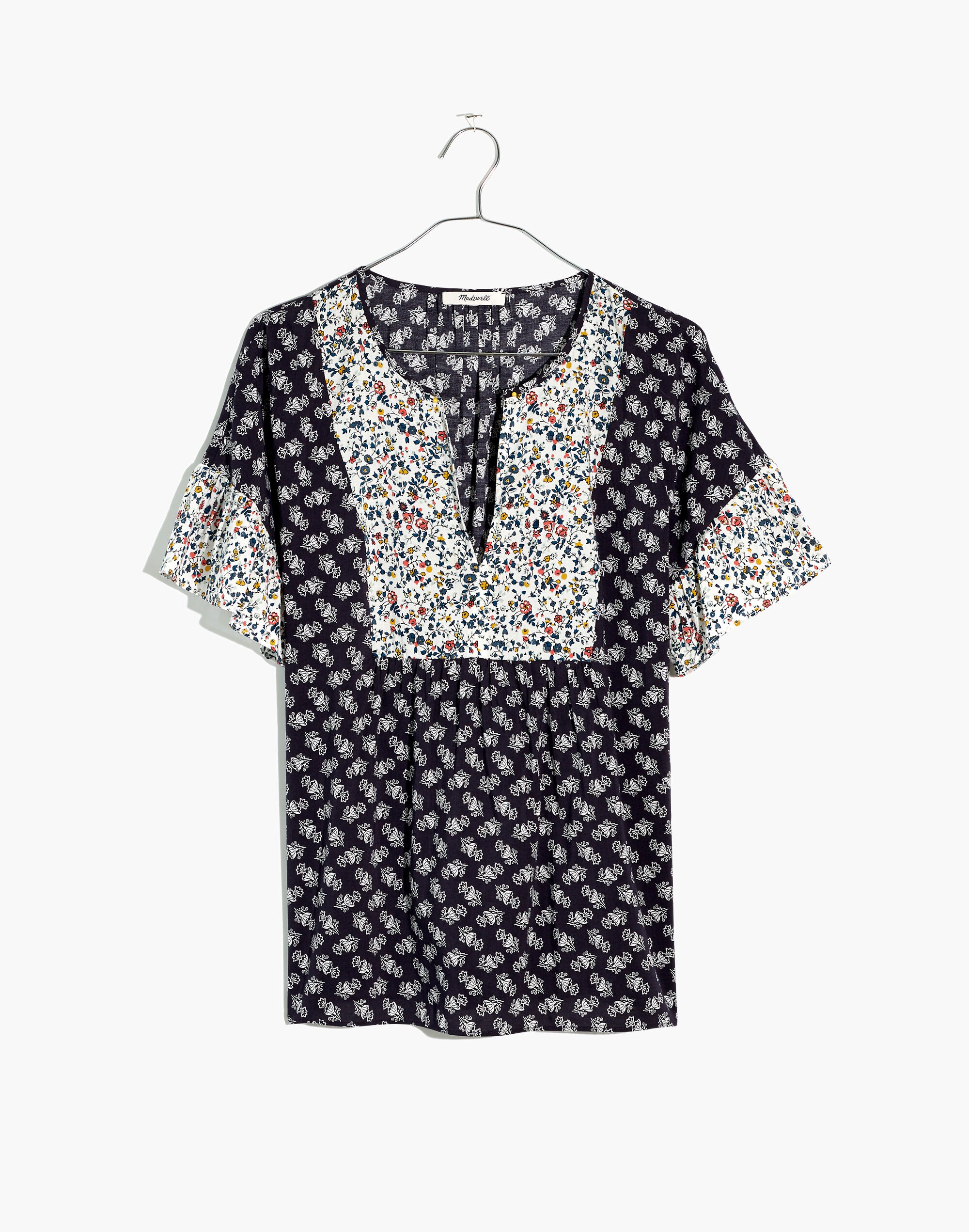 Print-Mix Drop-Shoulder Top in Blossoming Vines