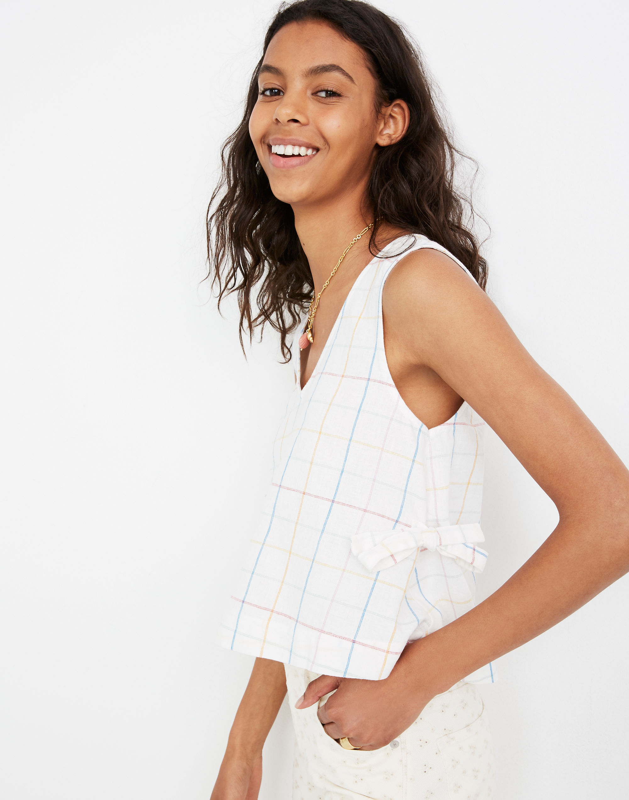 side-tie tank top in windowpane