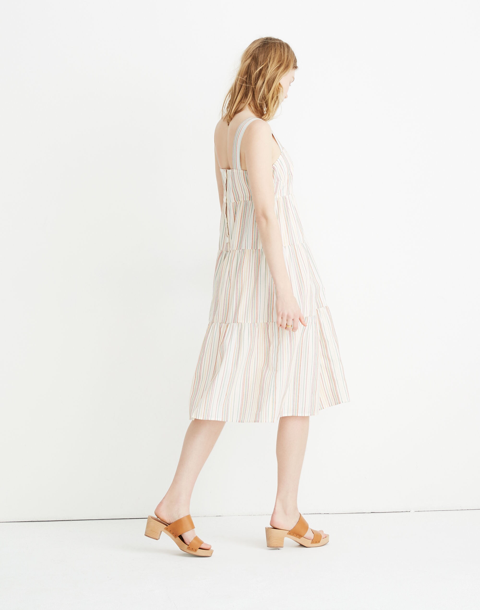 Button-Back Tiered Dress in Textural Rainbow Stripe