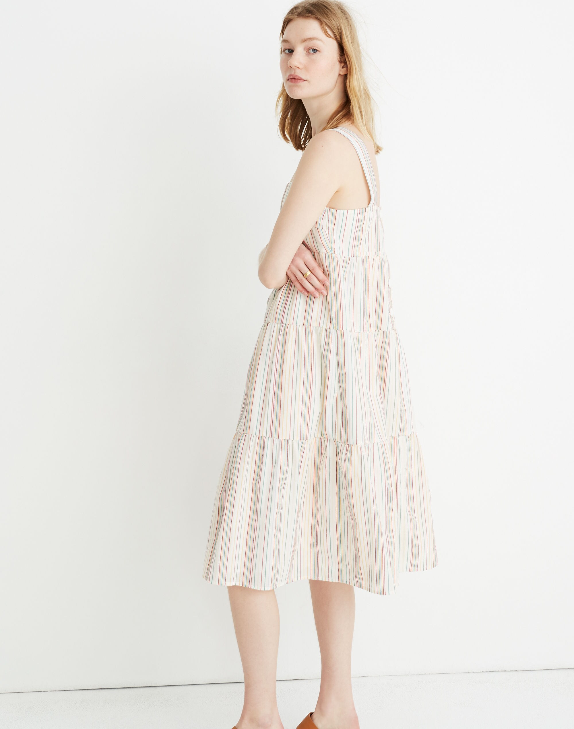 Button-Back Tiered Dress in Textural Rainbow Stripe