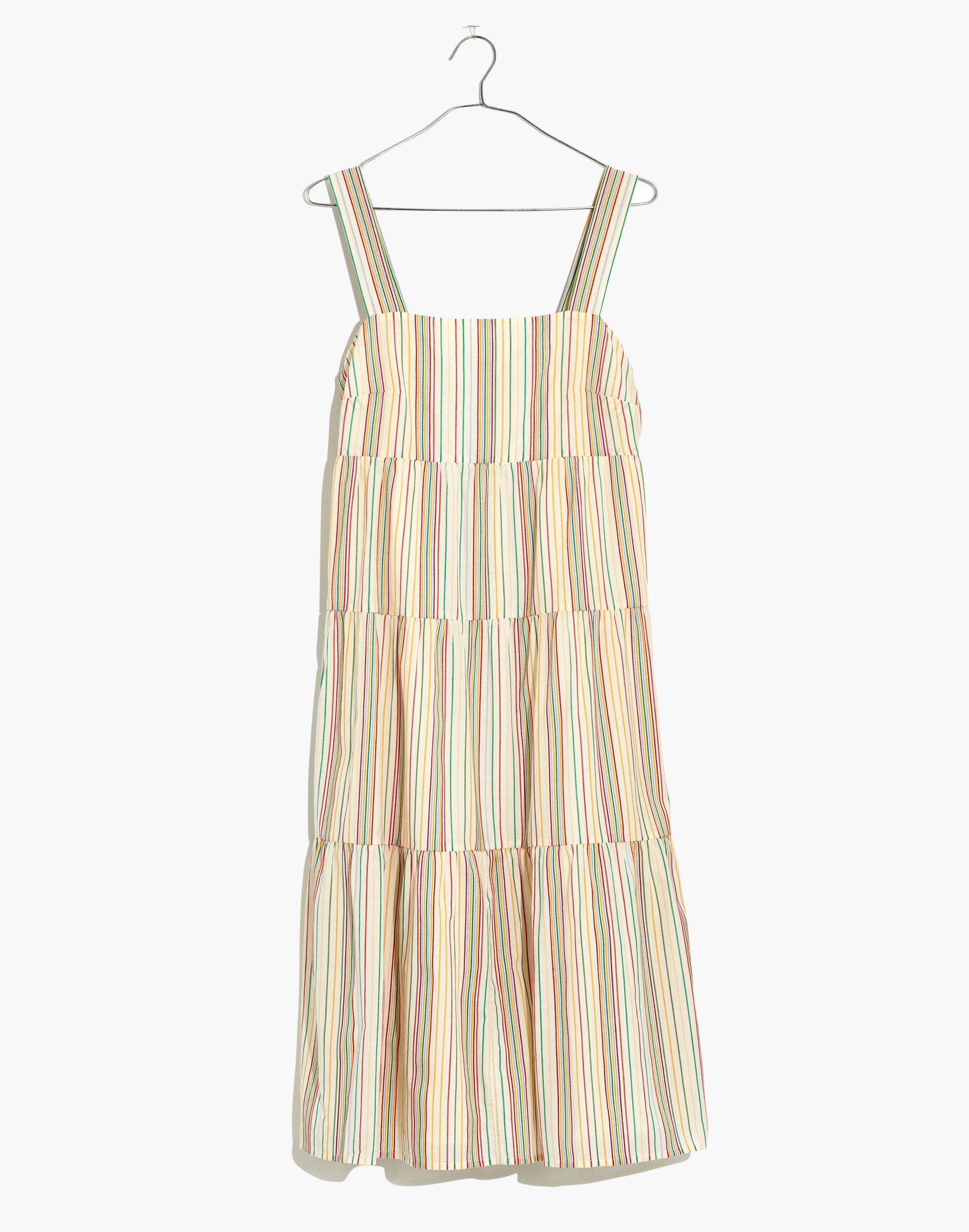 Button-Back Tiered Dress in Textural Rainbow Stripe