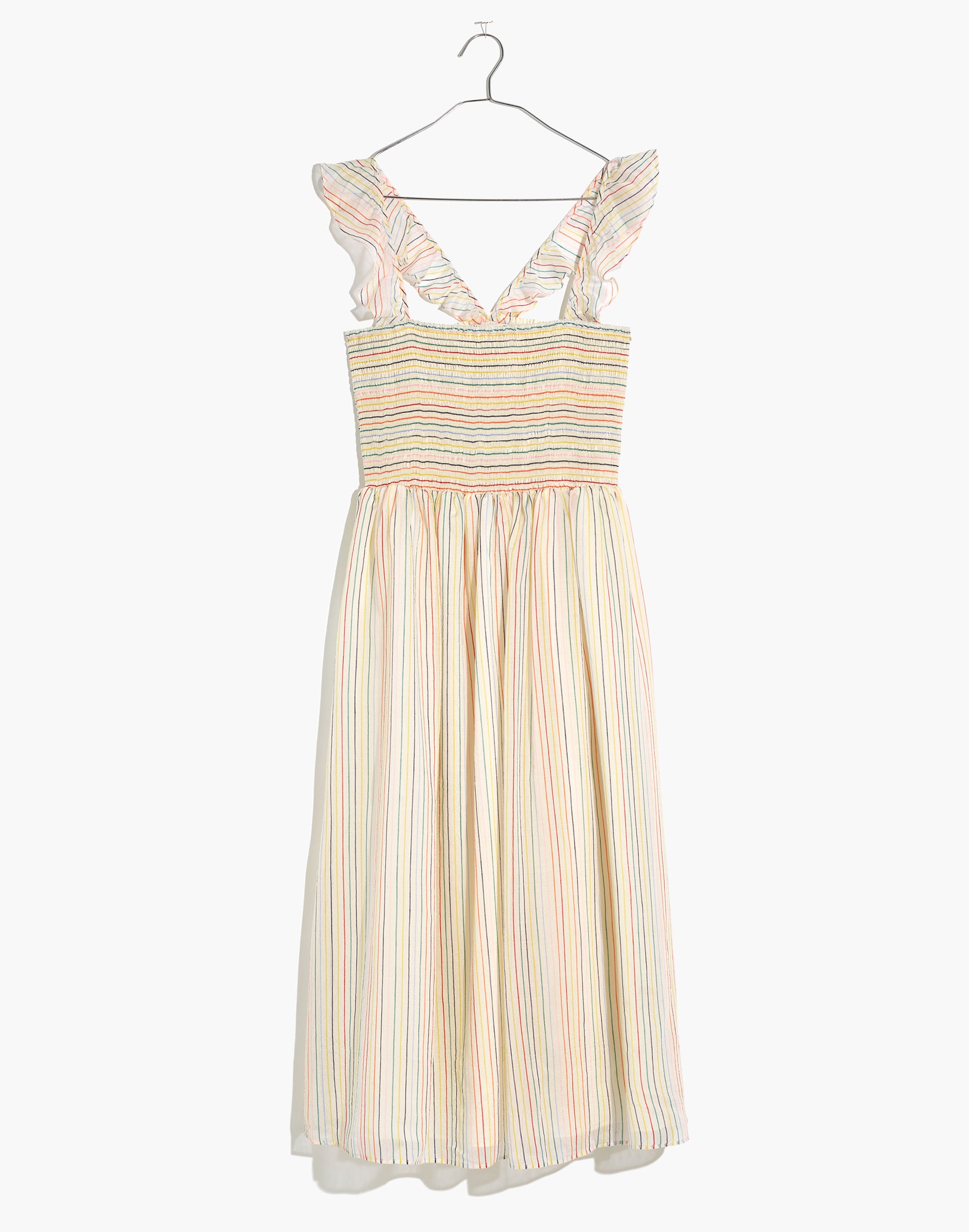 Ruffle-Strap Smocked Dress in Rainbow Stripe