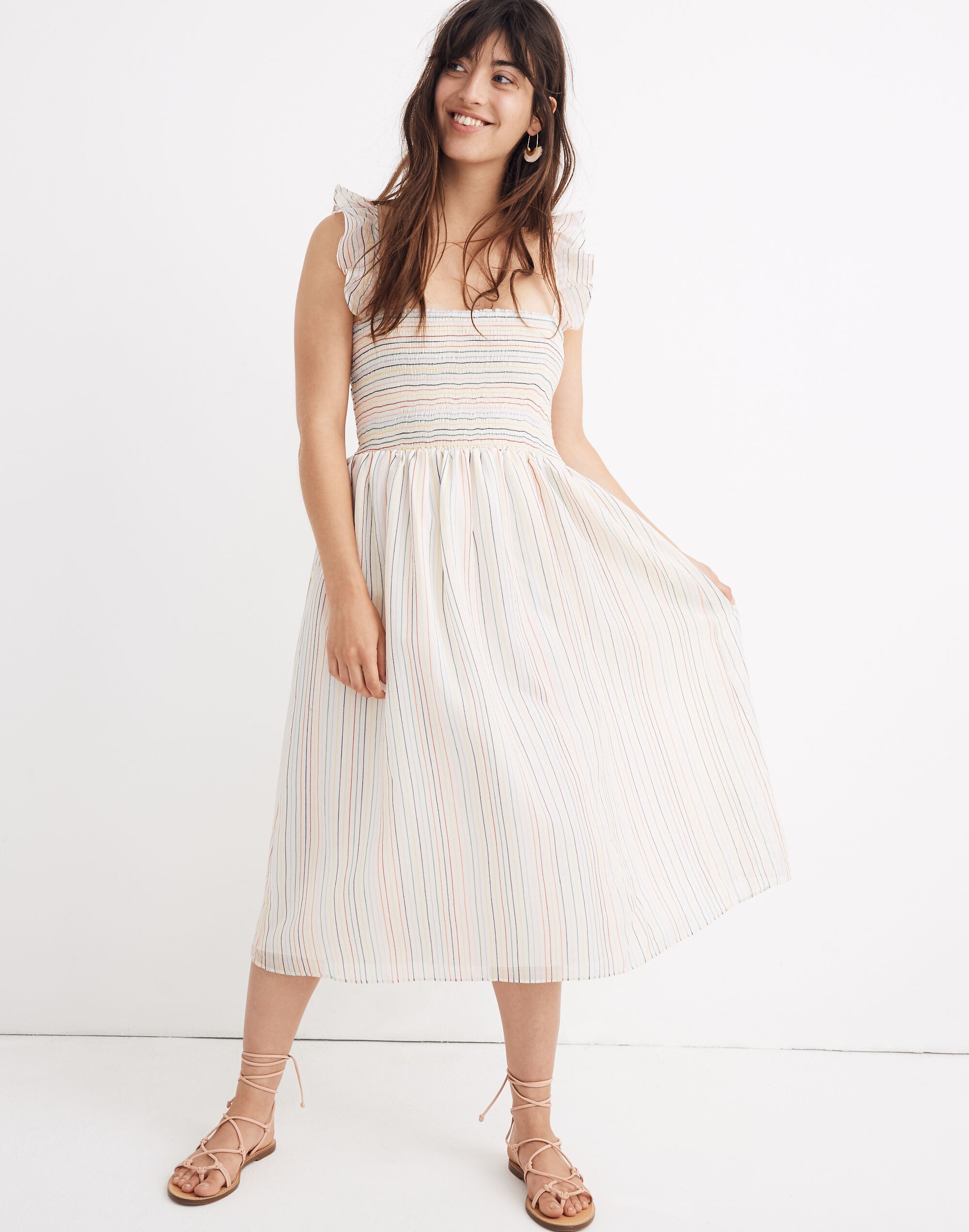 Ruffle-Strap Smocked Dress in Rainbow Stripe