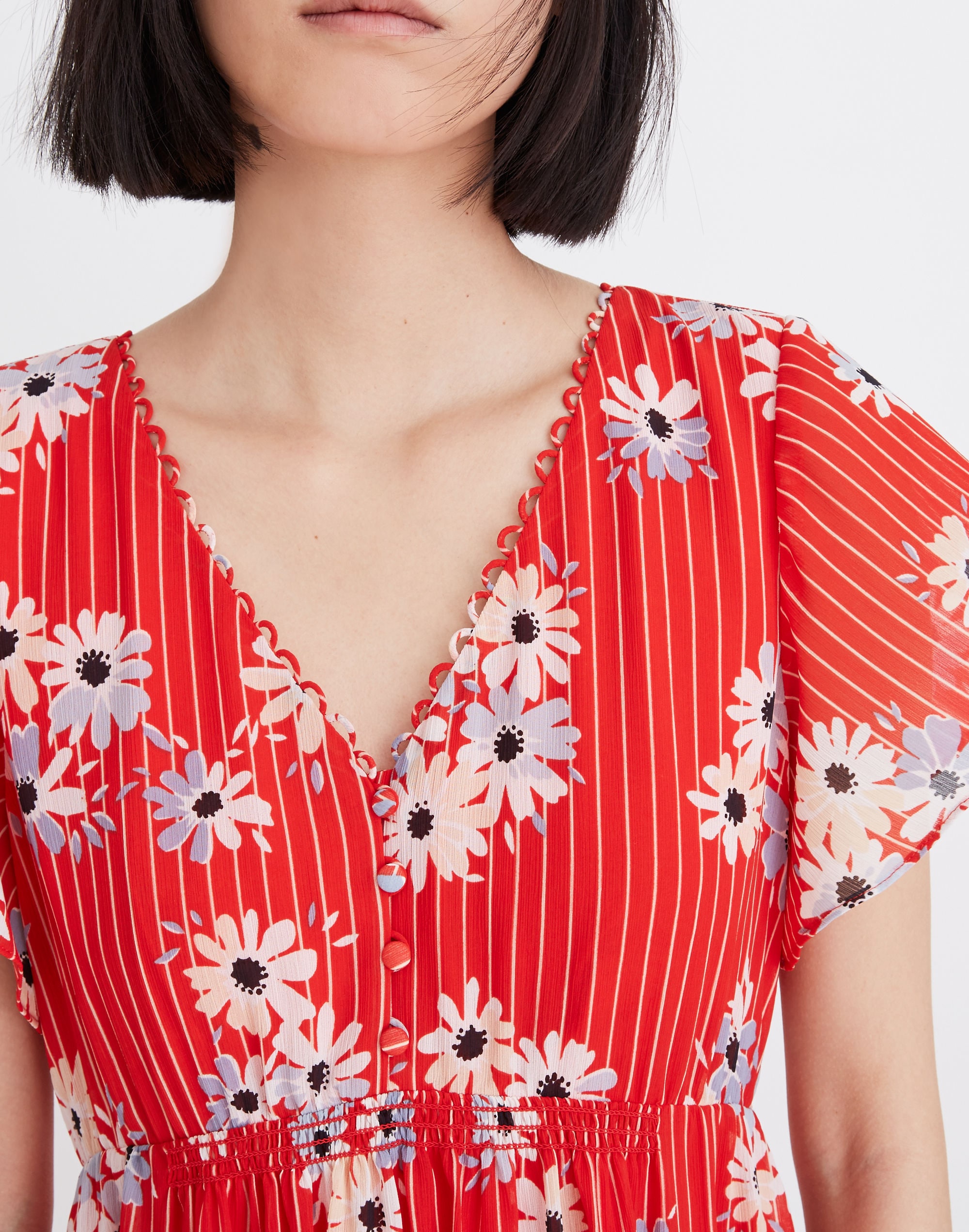 Scalloped Flutter-Sleeve Midi Dress in Daisy Society