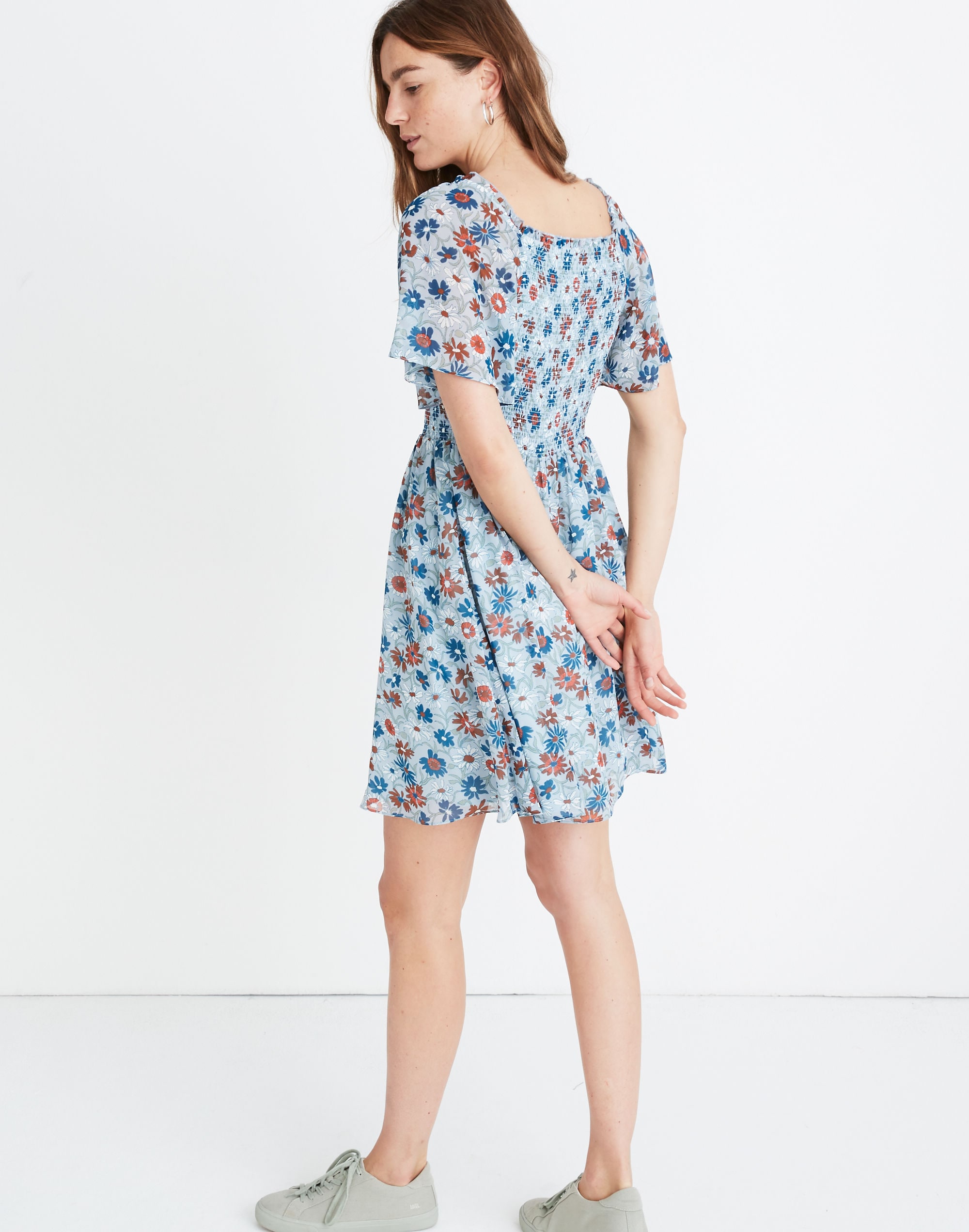 Flutter-Sleeve Smocked Dress in Wildflower Garden